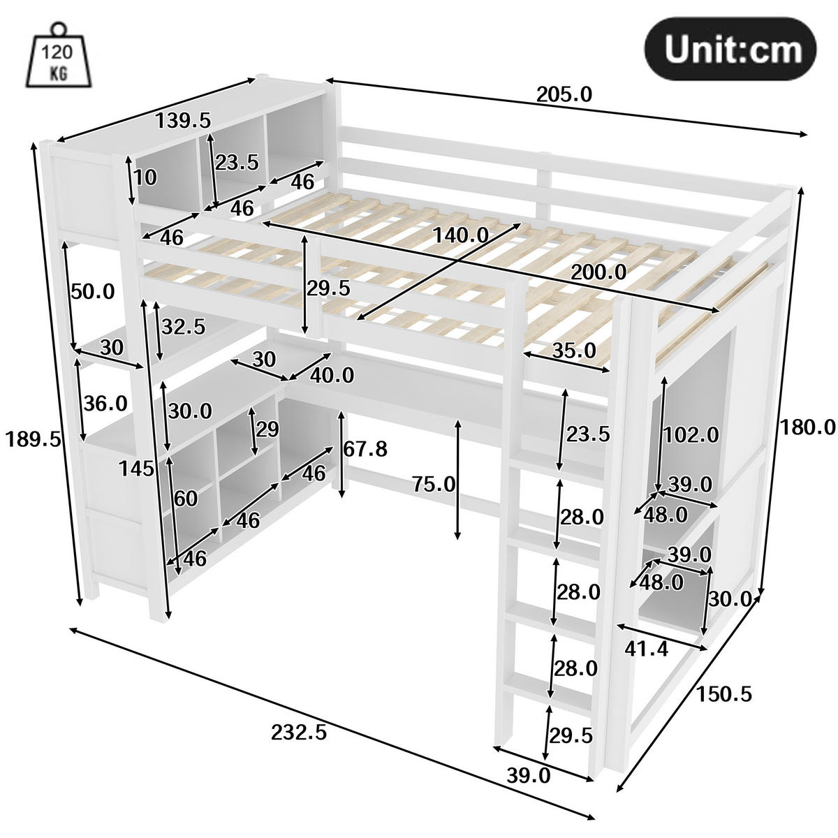 HOCHBETT 140/200 cm Weiß mit Schreibtisch und Regalen - Weiß, Holz (140/200cm) - OKWISH