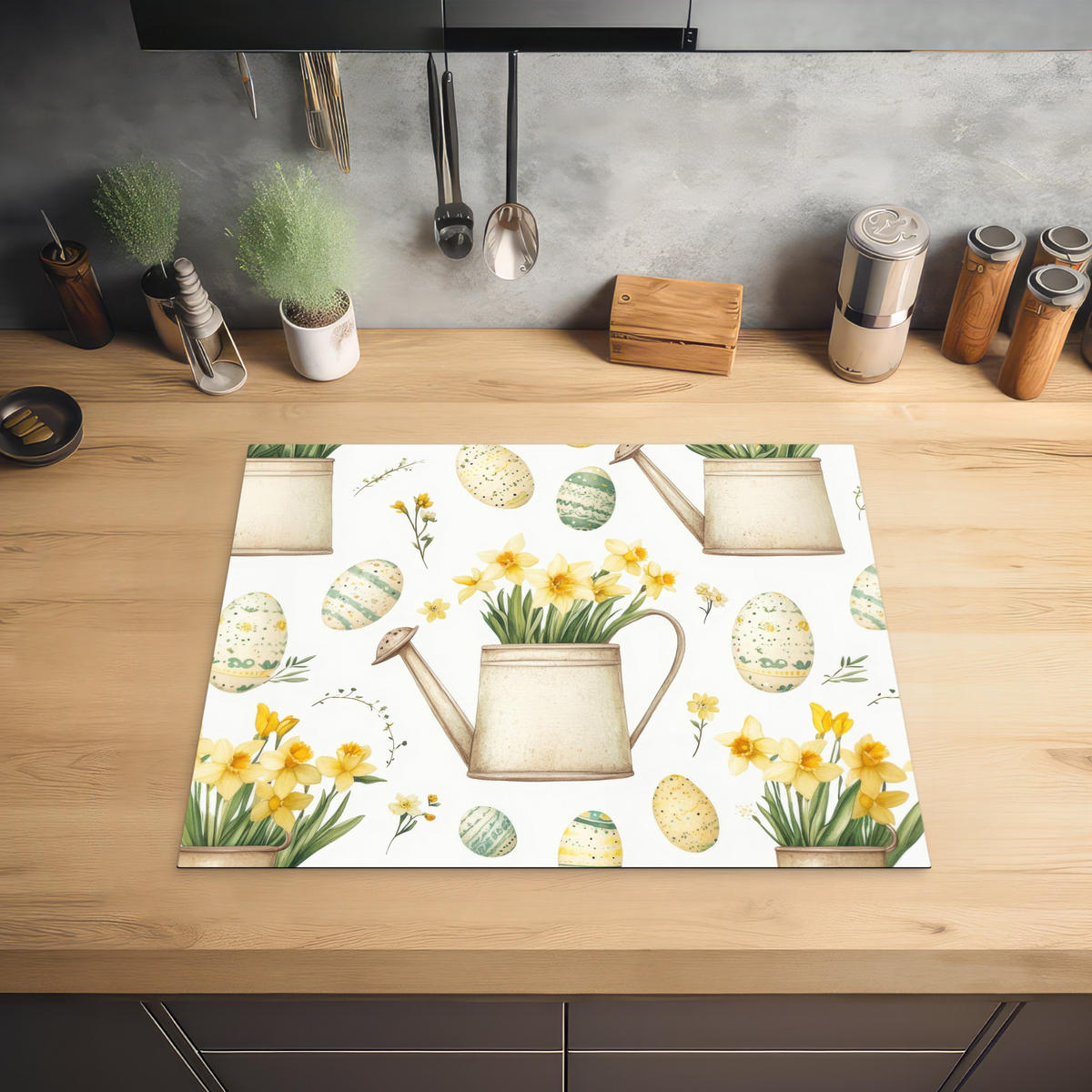 HERDABDECKPLATTE Gießkanne - Blumen - Eier Herdabdeckung Induktionsfeld 65x52 cm - Weiß, Kunststoff (65/52/0.2cm) - MuchoWow