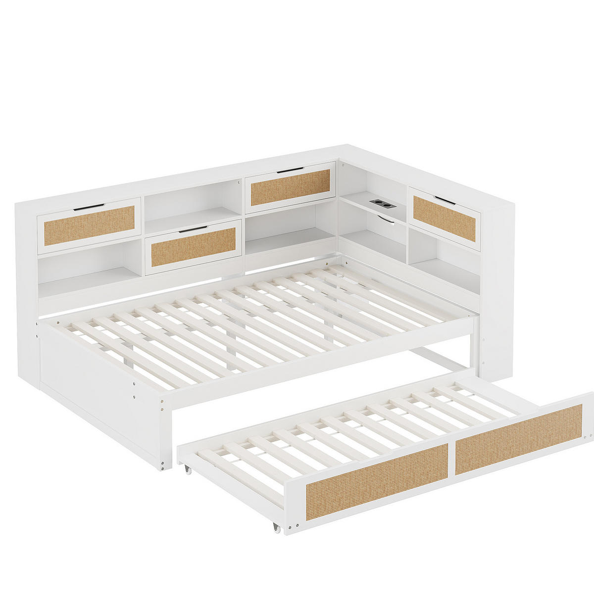 BETT aus Massivholz mit Ausziehbett und USB-Anschlüssen Weiß 140/200 cm - Weiß, Holz (140/200cm) - OKWISH