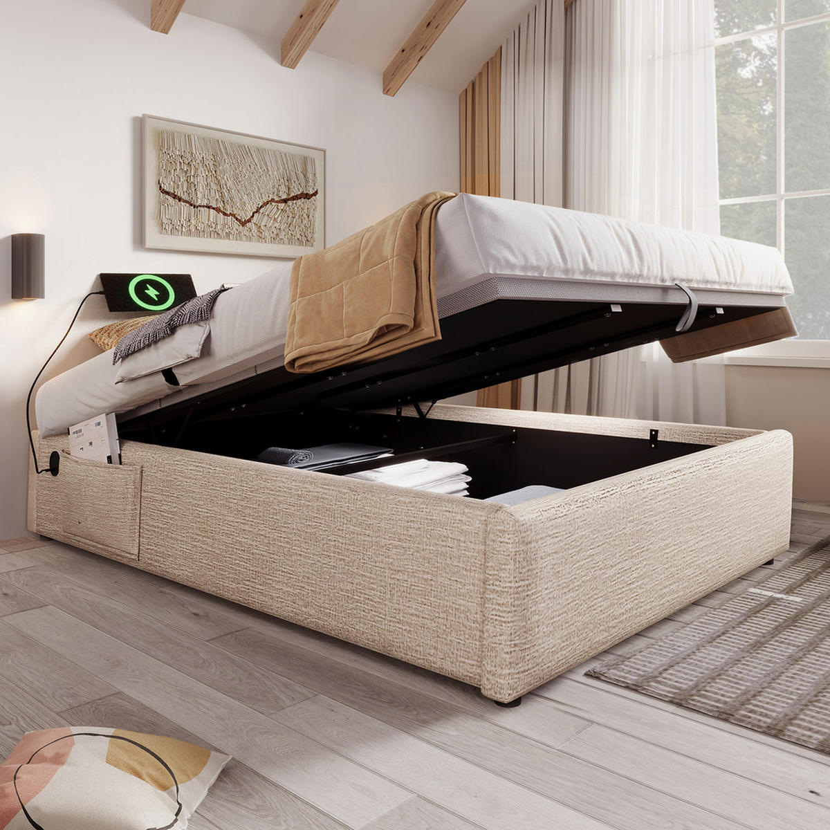 POLSTERBETT 160x200cm Doppelbett Stauraumbett mit USB-C & Lattenrost Natürlich - Beige, Holz - FLIEKS