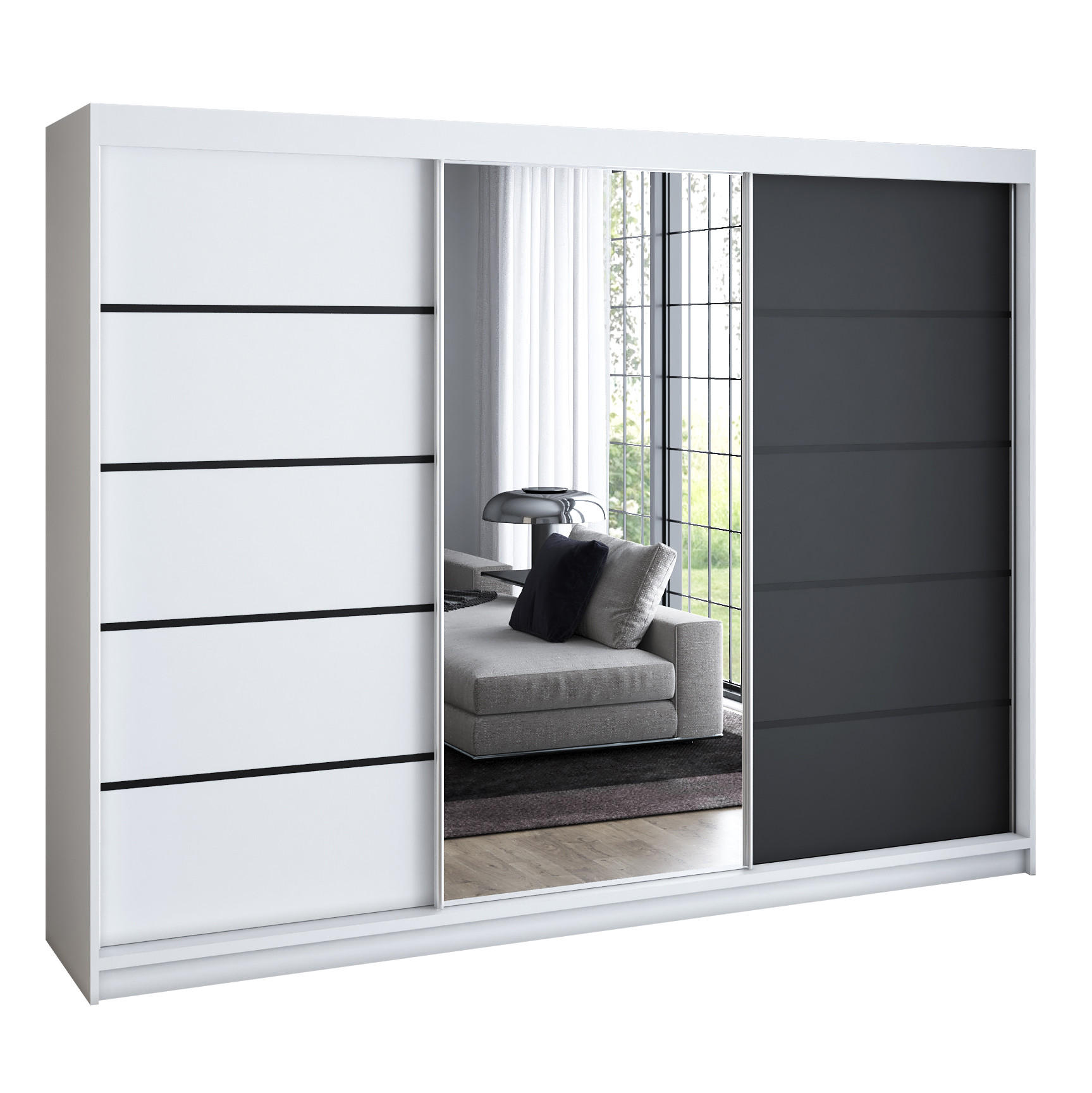 A&J MöbelLand Schwebetürenschrank Weiß, Weiß, Schwarz 200x215x59.5 cm