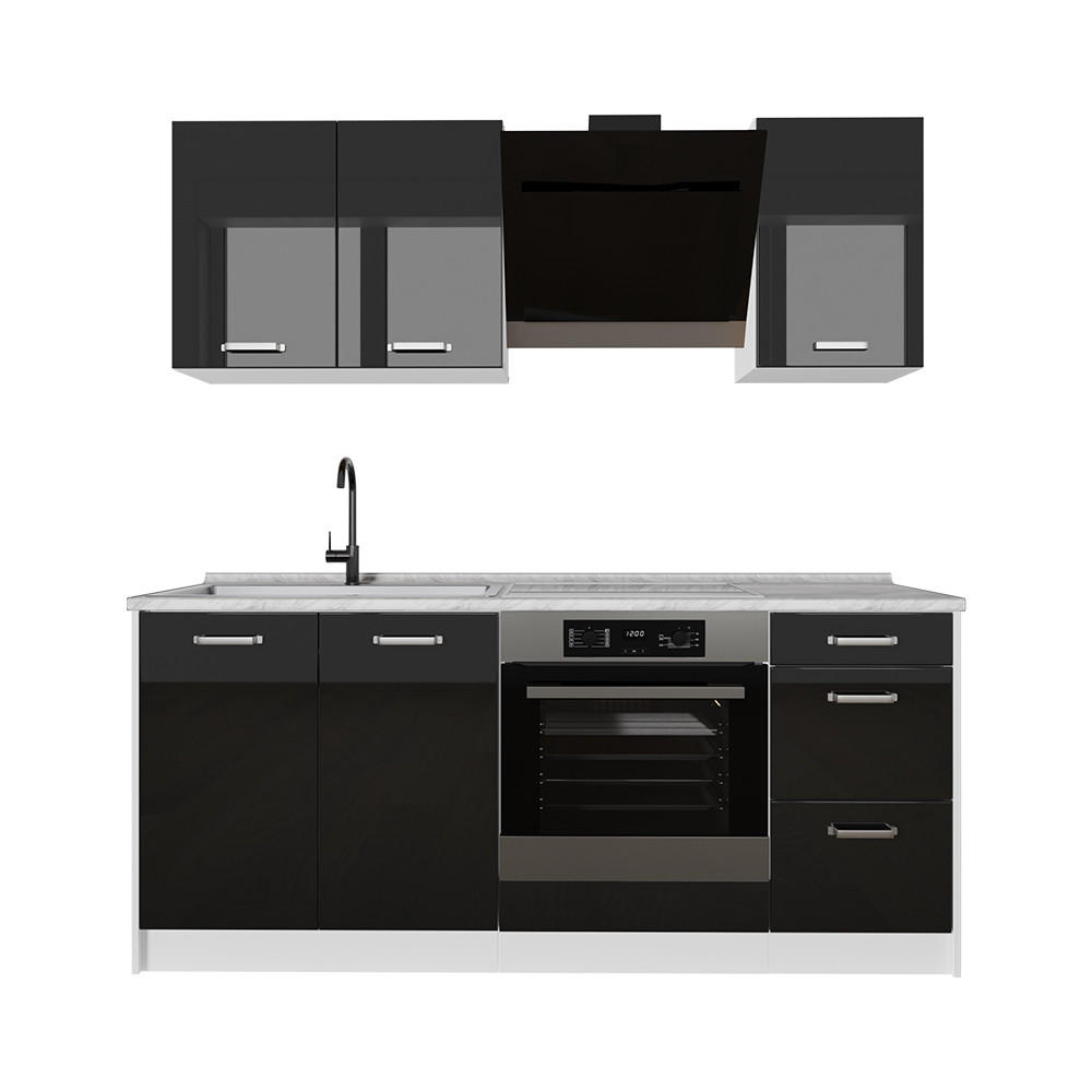 SINGLEKÜCHE R-Line, Schwarz Hochglanz/Weiß, 180 cm ohne Arbeitsplatte - Schwarz Hochglanz/Weiß, Holzwerkstoff (180/206.8/46cm) - Vicco