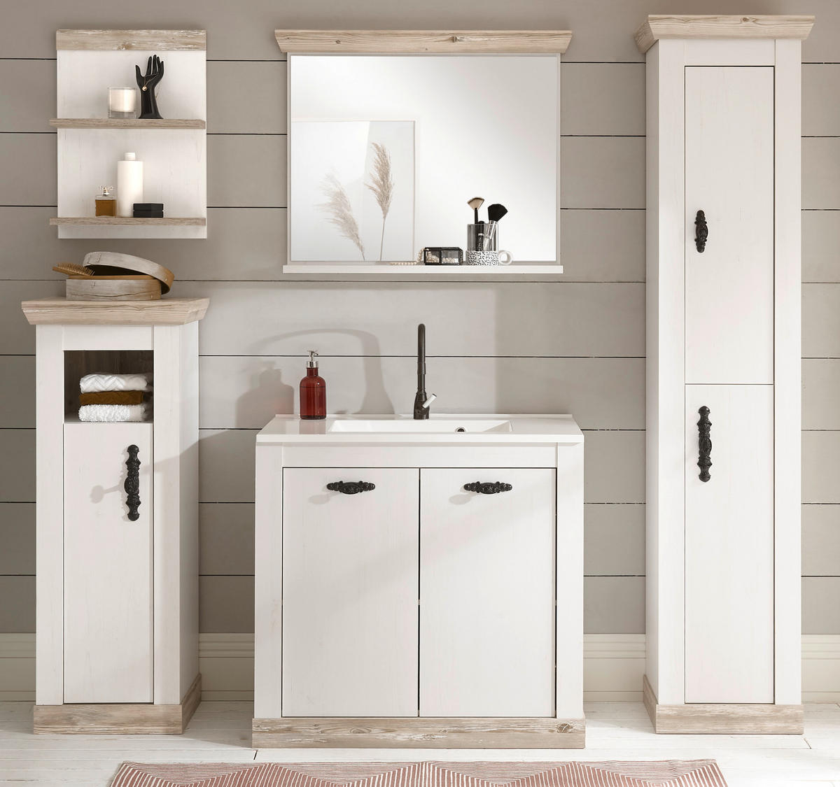 BADKOMBINATION Pinie weiß, Oslo Pinie, Landhaus Badmöbel Set 6-tlg. MIT Waschbecken 205 x 200 cm - Dunkelgrau/Weiß, Holzwerkstoff/Metall (205/200/46cm) - Furn.Design