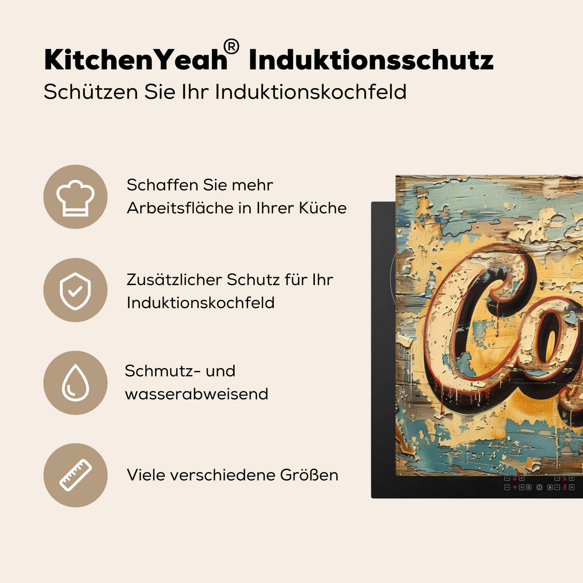 HERDABDECKPLATTE Kaffee - Vintage - Braun - Tasse Induktionsschutz 81.6x52.7 cm - Teakfarben, Kunststoff (81.6/52.7/0.2cm) - MuchoWow