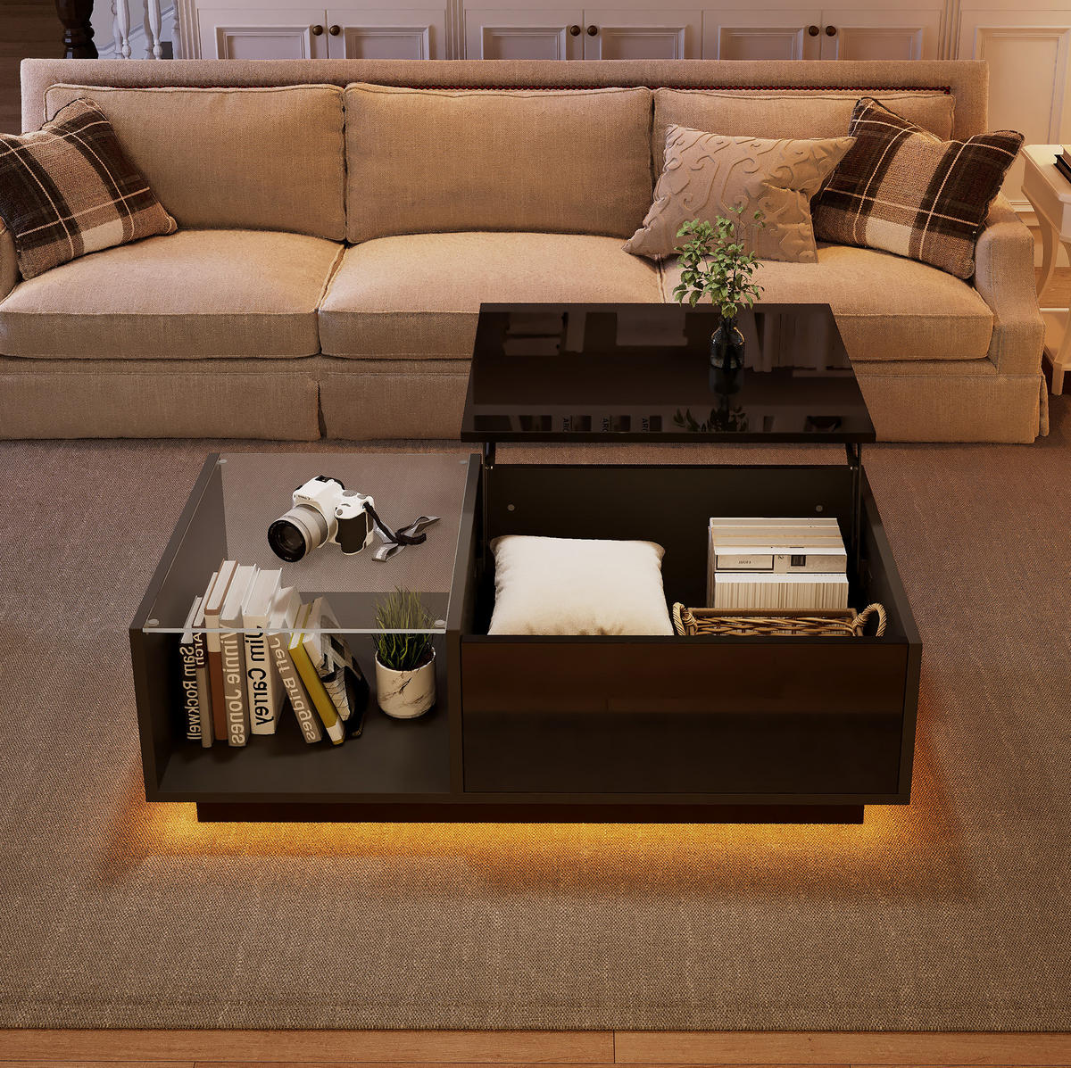 COUCHTISCH 100/50/33-46,5 cm mit LED-Beleuchtung und Stauraum, höhenverstellbar - Schwarz, Holzwerkstoff (100/50/33cm) - Flora Grace