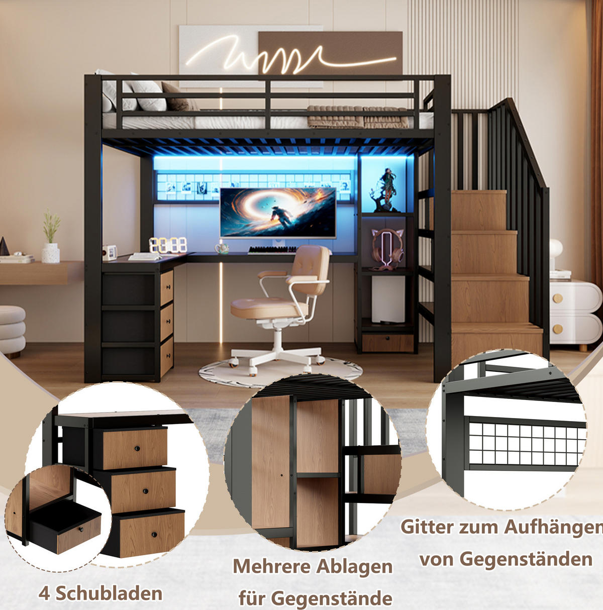 HOCHBETT 90/200 cm schwarz aus Metall und MDF mit LED und Stauraum - Schwarz, Metall (90/200cm) - OKWISH