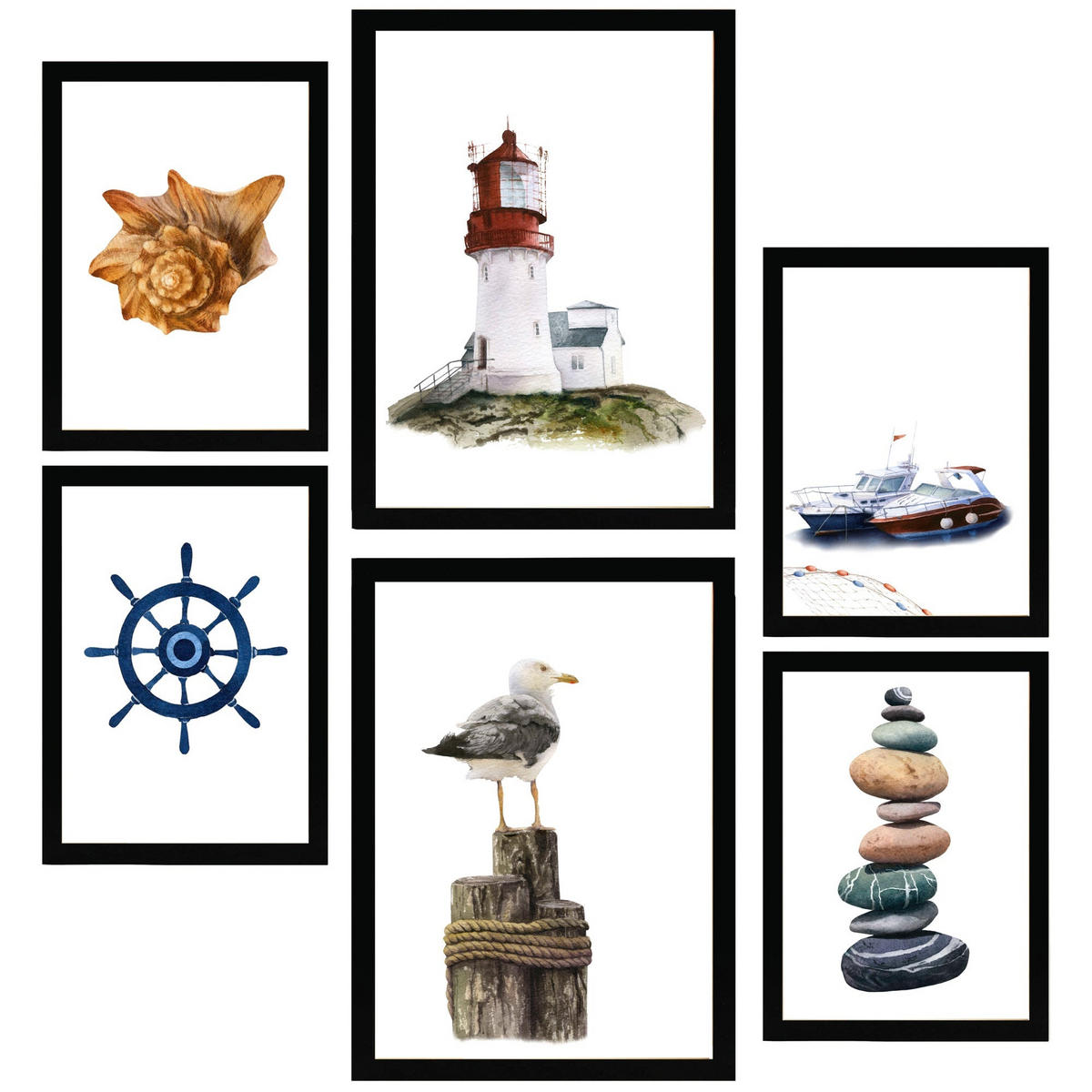 POSTER Set Mit 6 Ozean Und Meereskomposition A3 & A4 Schwarzer Rahmen - Schwarz, Papier (29/3cm) - Nacnic