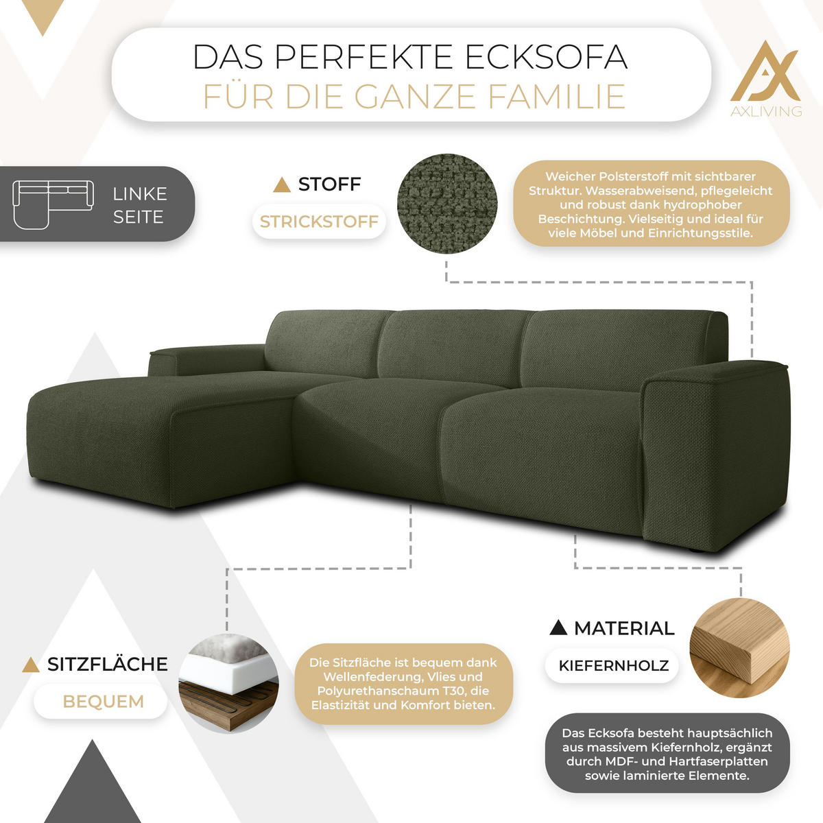 ECKSOFA L Form Didim mini Grün 310/165/78 cm – stilvolle kleine Eckcouch L - Schwarz/Grün, Kunststoff/Textil (165/310cm) - AX Living
