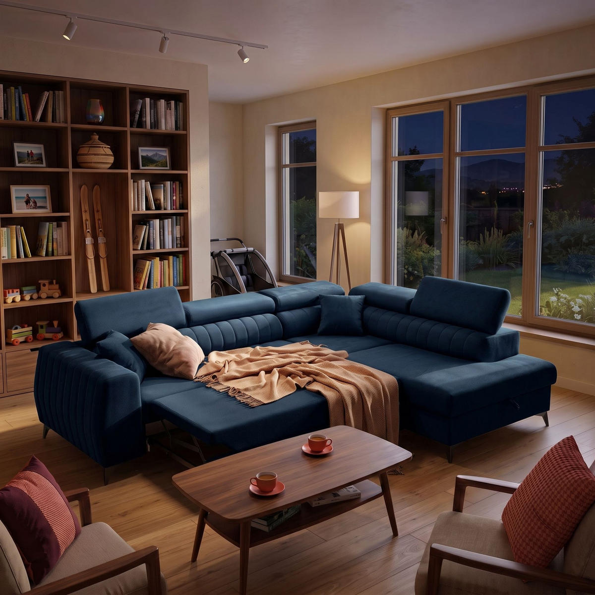 ECKSOFA PIERO L Rechts mit Schlaffunktion 195x125 Velours Dunkelblau - Schwarz/Dunkelblau, Holz/Textil (203/268cm) - Muffo