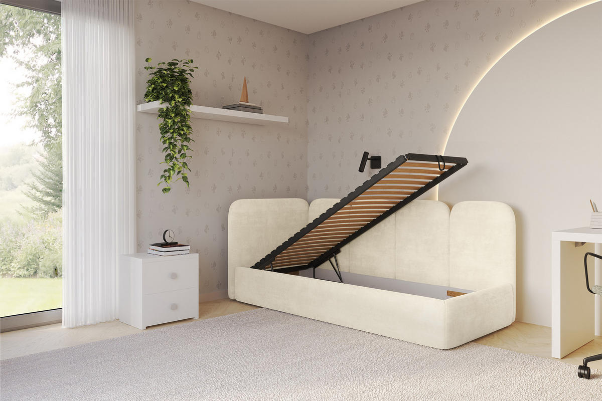 EINZELLBETT Jugendbett mit Bettkasten und Matratze H3/H4, Rechts - VELY 80x200 Beige - Naturfarben, Holzwerkstoff/Textil (80/200cm) - ALTDECOR