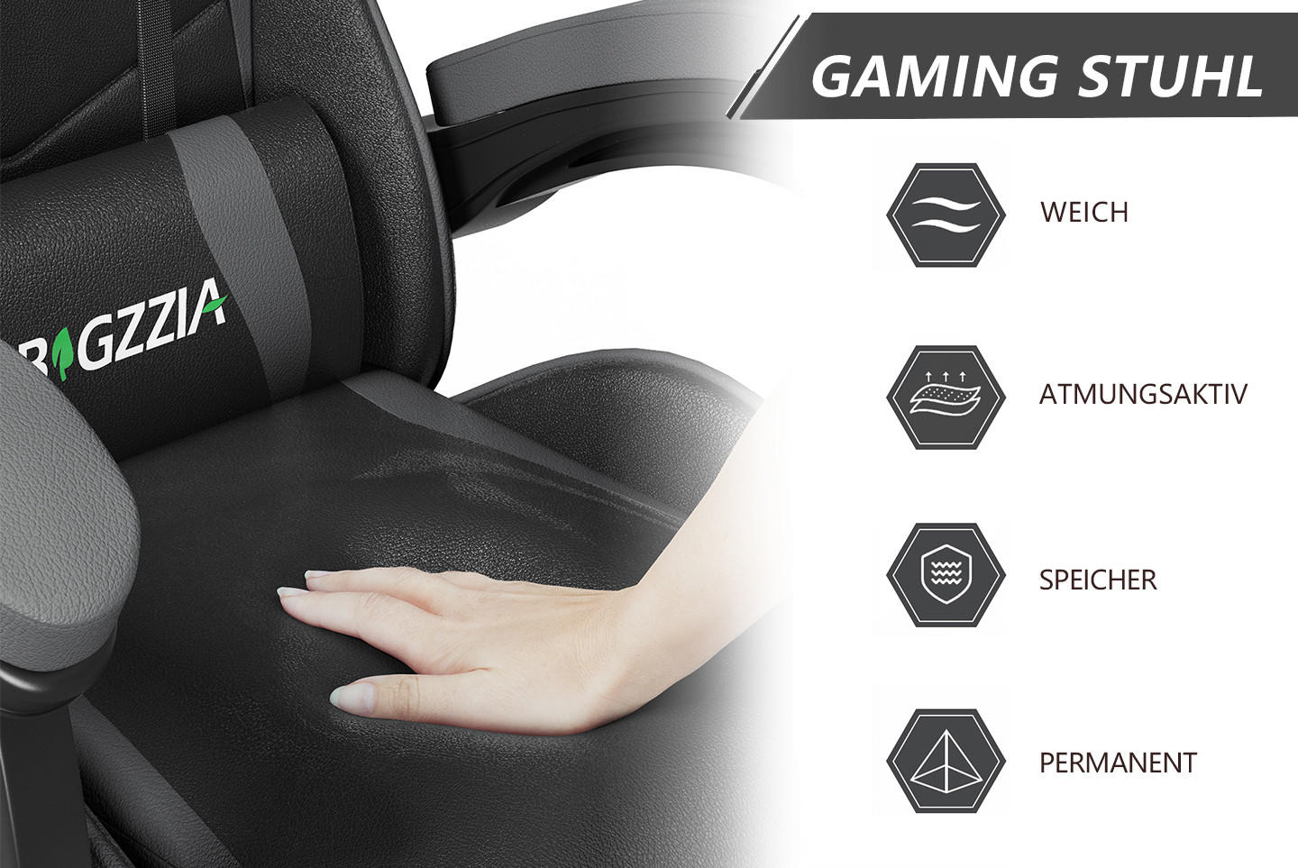 GAMING-STUHL ergonomisch, verstellbare Rückenlehne, Kissen – Schwarz/Grau - Grau, Leder (59/120/56cm) - Rattantree