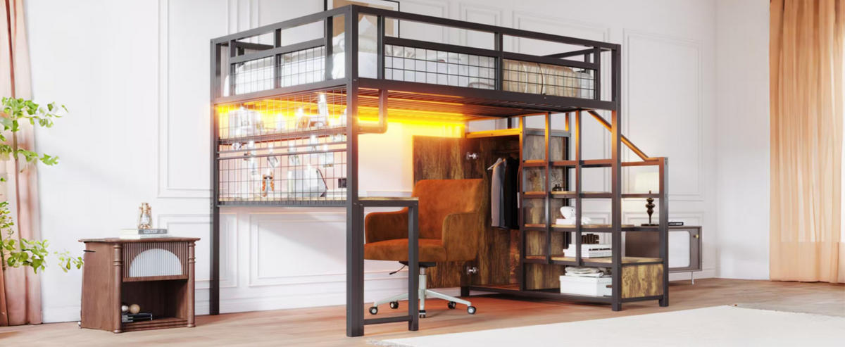 HOCHBETT 140/200 cm mit Stauraumtreppe, Kleiderschrank, Schreibtisch, Regal, Lichtleiste und Steckdose, Schwarz - Schwarz, Holzwerkstoff (140/200cm) - Redom