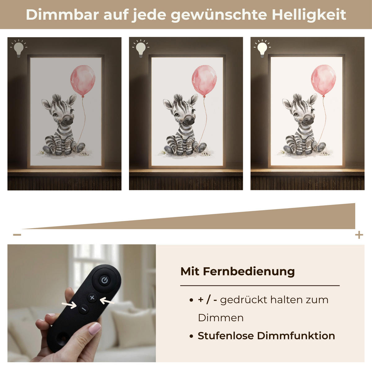 NACHTTISCHLAMPE MIT AKKU Zebra - Baby - Tiere - Rosa Luftballon 40x60 cm - Weiß, Holzwerkstoff (8/40/60cm) - OnlyWow