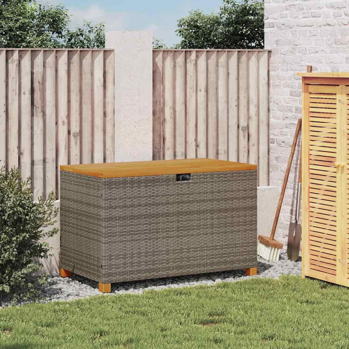 GARTENTRUHE Grau 110x55x63 cm Poly Rattan Akazienholz - Grau, Kunststoff (110/63/55cm) - furnicato