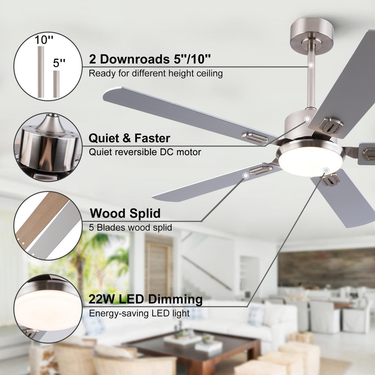 DECKENVENTILATOR DE-16260 52 Zoll flach mit 5 Flügeln & Speicherfunktion - Naturfarben, Holz/Metall (132/132/45cm) - ComfortXL