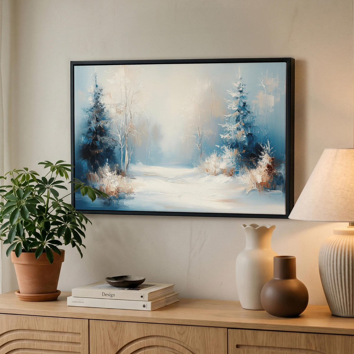 LEINWAND Bilder mit Rahmen - Wald – Winter – Natur – Abstrakt – Schnee - 60x40 - Weiß, Textil (60/40cm) - MuchoWow