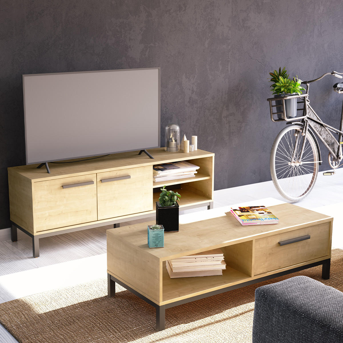 COUCHTISCH 1 Schublade und 1 Nische Dekor Eiche Hamilton und Schwarz - L110,4 cm - Apfelbaumfarben, Holzwerkstoff (110.4/50/36.9cm) - Calicosy