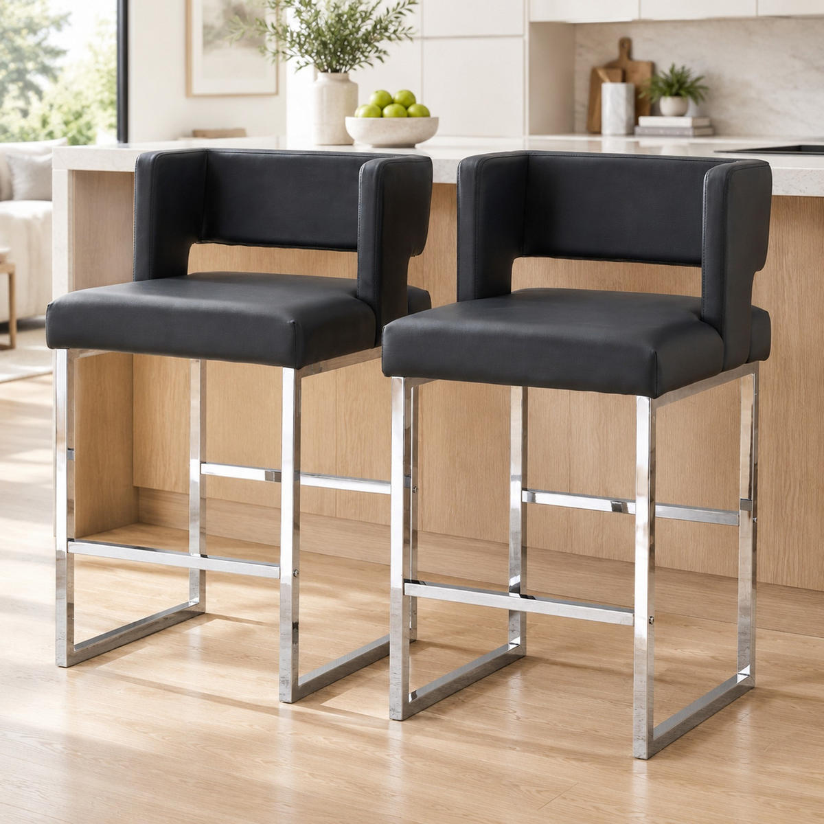 BARHOCKER Schwarz mit gepolstertem PU-Sitz und Metallgestell - Schwarz, Metall (53.3/91.4/48cm) - MIVRAY