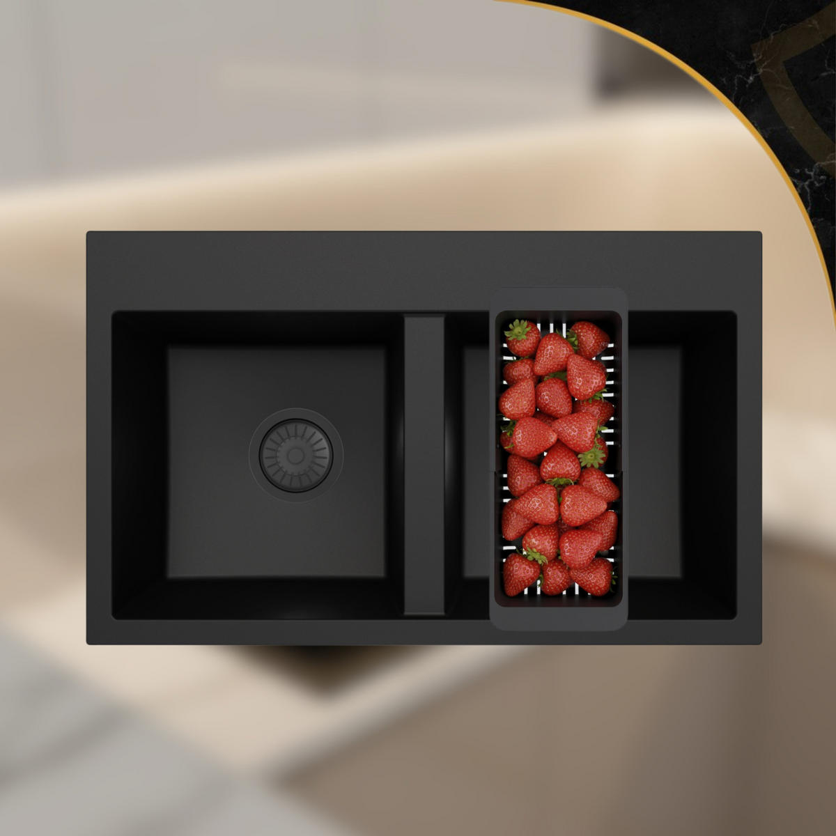 SPÜLBECKEN Twin Schwarz 800/490/205 mm - Schwarz, Stein (42/42/20cm) - Granitan