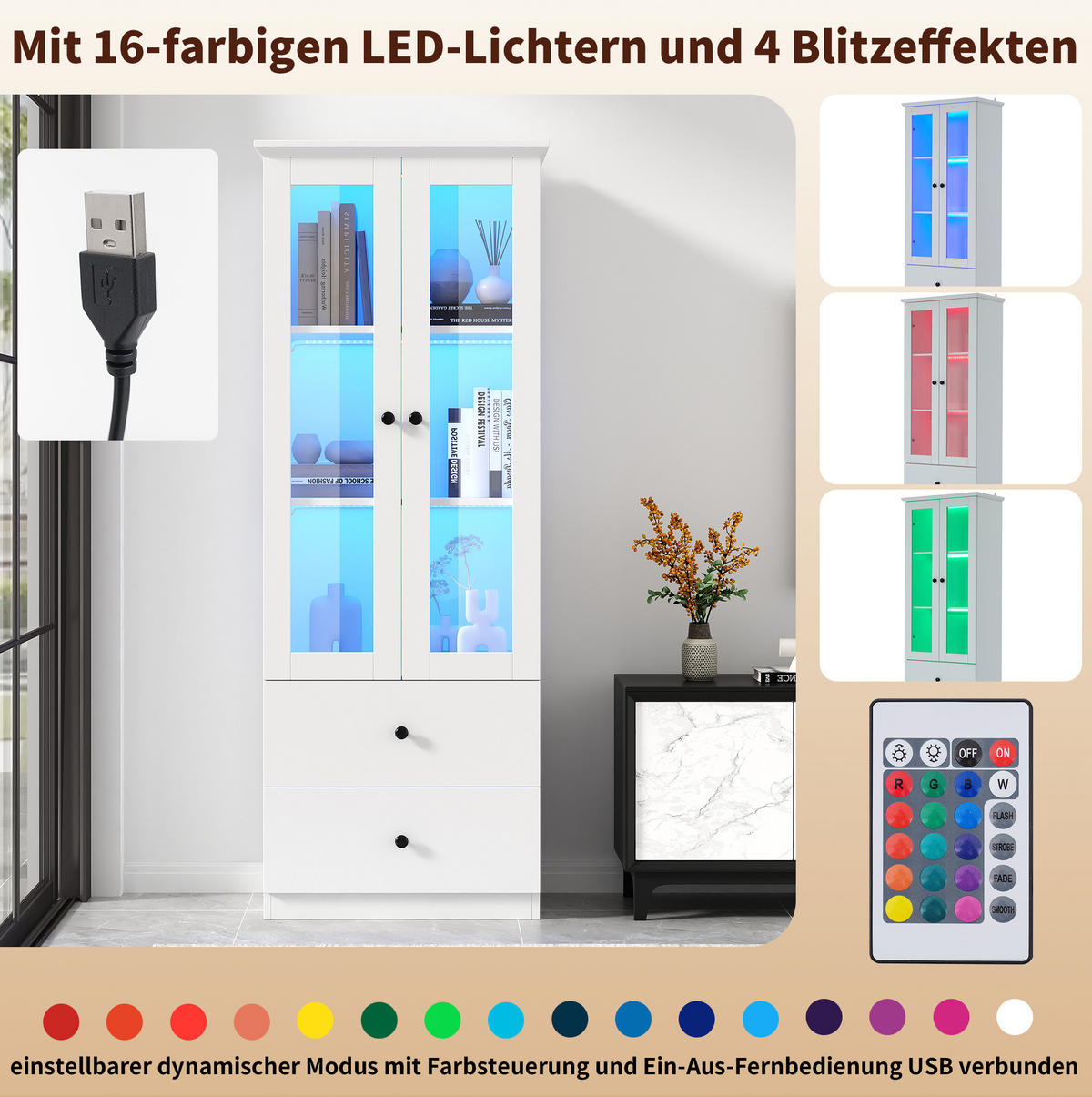 VITRINE 60/35,5/165 cm aus MDF und Holzwerkstoff mit LED-Beleuchtung und 2 Schubladen Weiß - Weiß, Holzwerkstoff (60/165/35.5cm) - Modenvie