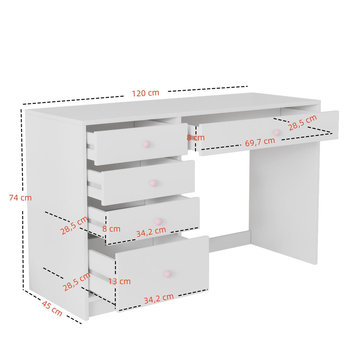 SCHREIBTISCH in Weiß schlichter Kinderschreibtisch mit Schubläden für jedes Alter geeignet, B120/T45/H74cm - Weiß, Keramik/Holzwerkstoff (45/120/74cm) - STILVORA