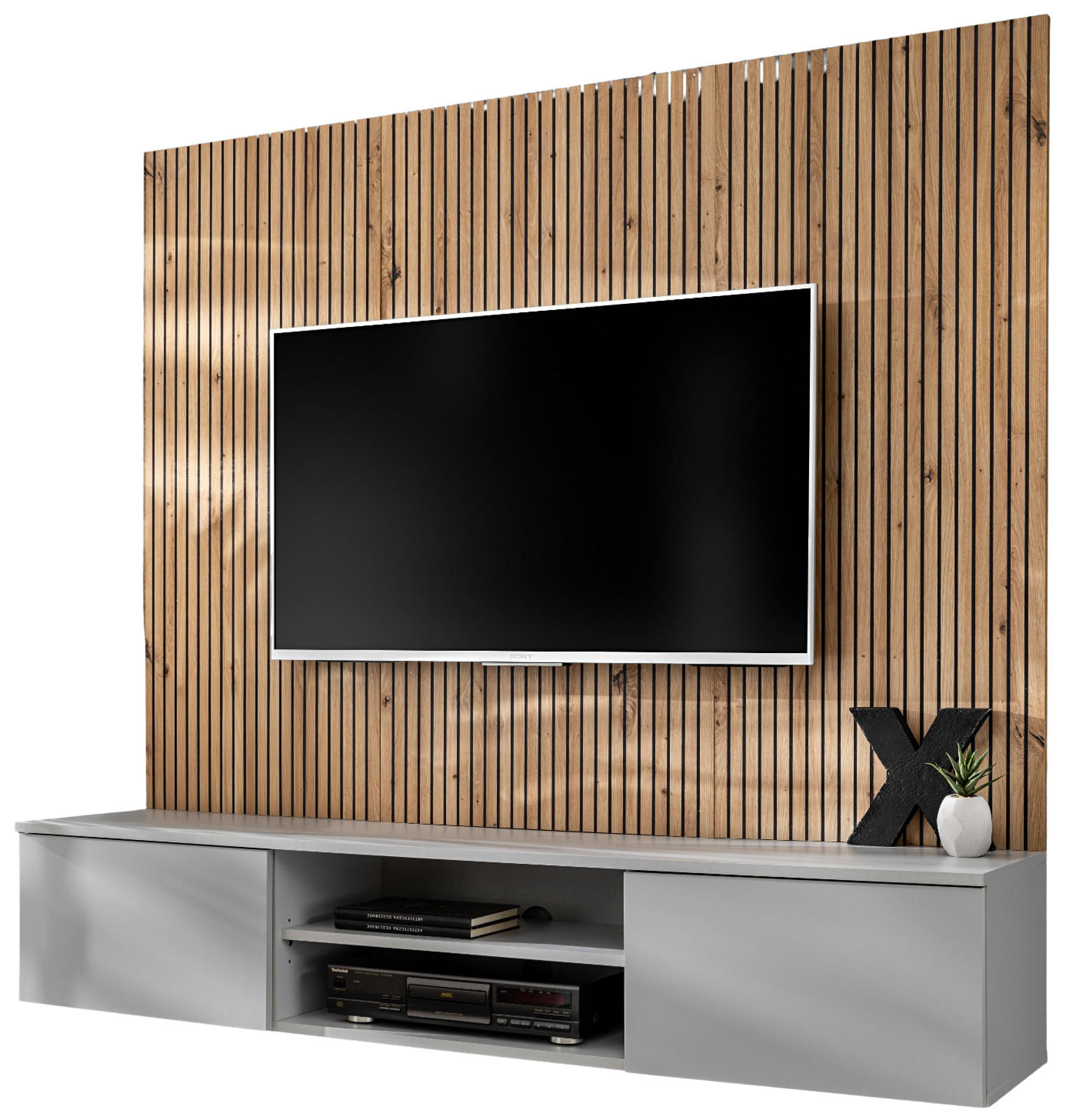 TV-LOWBOARD grau, Eiche Artisan 160 cm, TV-Unterschrank mit Akustikpaneel - Hellgrau/Eiche Artisan, Glas/Holzwerkstoff (160/148/35cm) - Inn.Furn