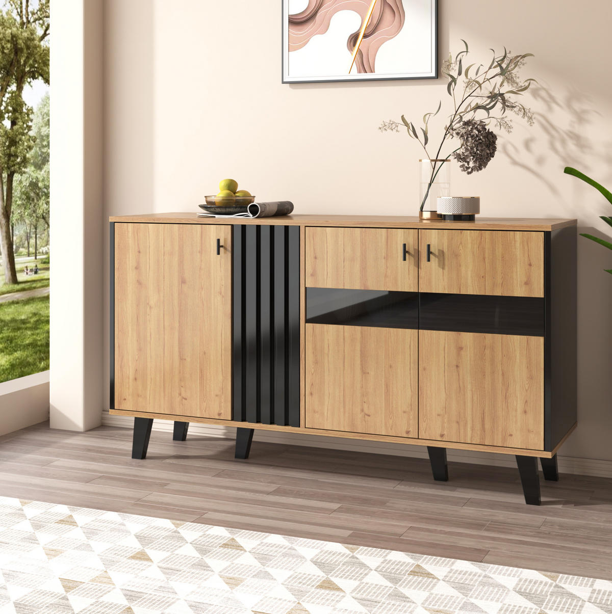 SIDEBOARD mit 3 Türen 140 x 78,5 x 41 cm Holzoptik Schwarz - Braun, Glas (140/78.5/41cm) - Meubliv
