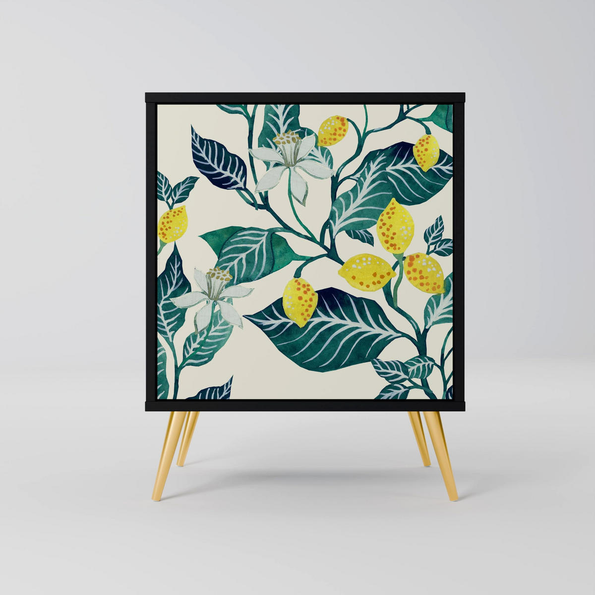SIDEBOARD LEMON TREE, Schwarz, 57,5x42x72,5 cm, Schwarze Metallfüße - Multicolor/Schwarz, Holzwerkstoff/Metall (57.5/72.5/42cm) - SpaceRebels