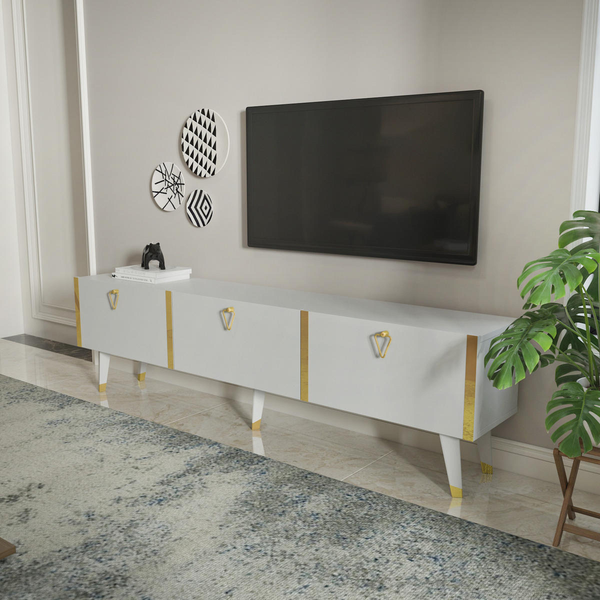 TV Stand Milagro Weıss Gold - Goldfarben, Holzwerkstoff (31.3/49.3/180cm) - Decorotika
