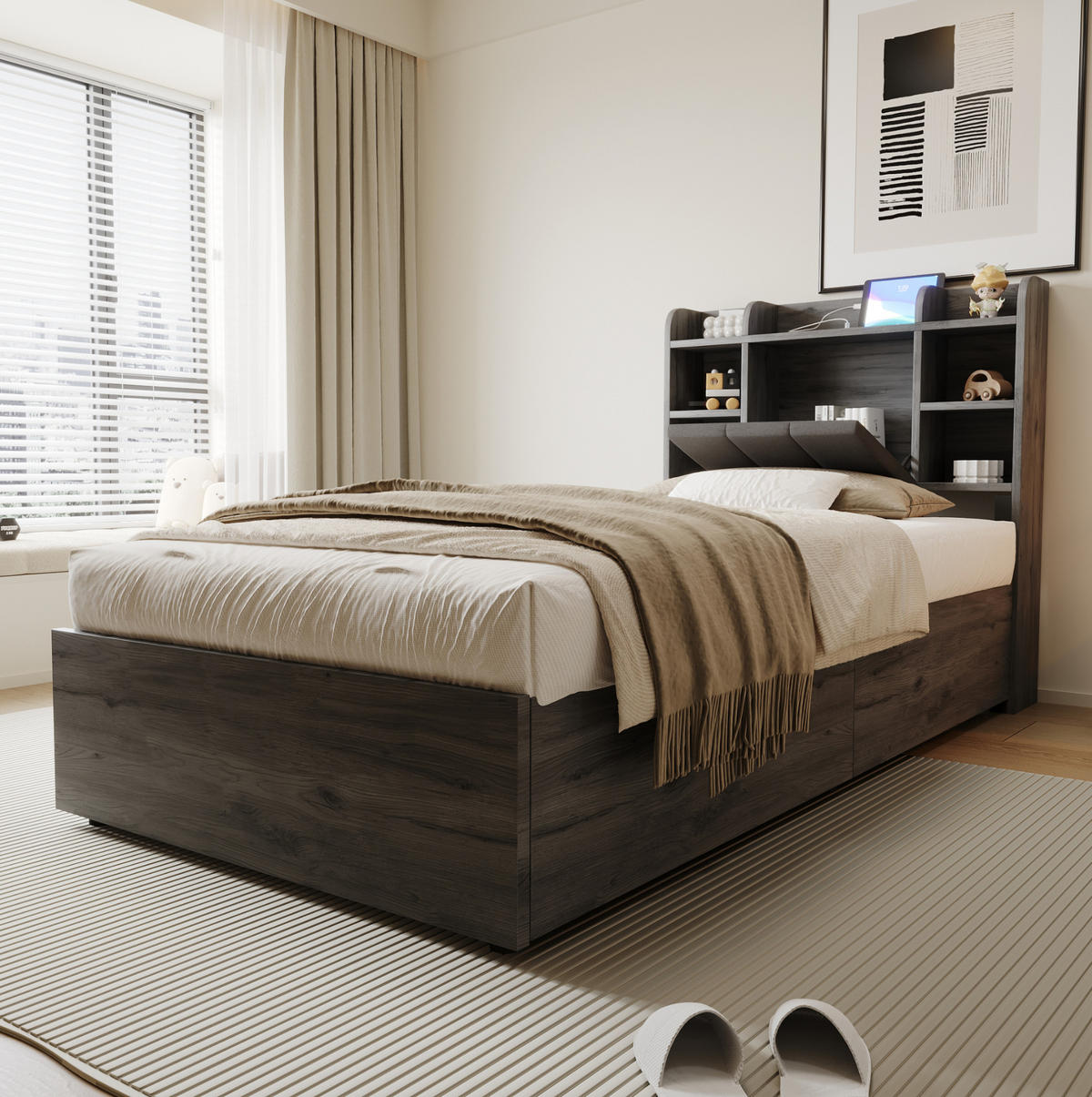 JUGENDBETT Einzelbett 90/200 cm aus MDF mit hydraulischem Stauraum und USB-Tape-C-Anschluss Grau/Holzfarben - Grau, Holzwerkstoff (90/200cm) - Modenvie