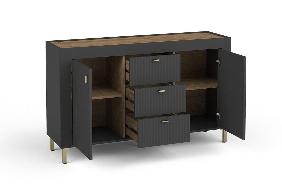 KOMMODE MONI 06 in Schwarz / Eiche Whiskey matt 137/84/40 cm - Schwarz, Holzwerkstoff (137/84/40cm) - Deine Möbel 24