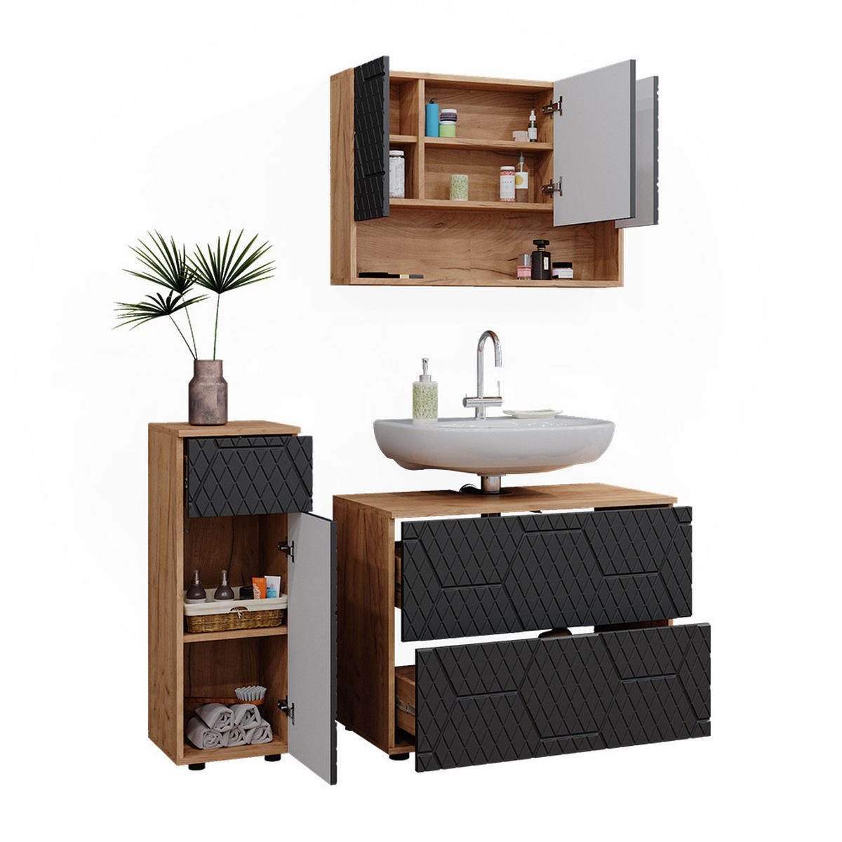 BADMÖBEL-SET Irma Anthrazit gestreift 3 Teile - Honigeiche/Anthrazit, Holzwerkstoff (80/58.6/41cm) - Vicco