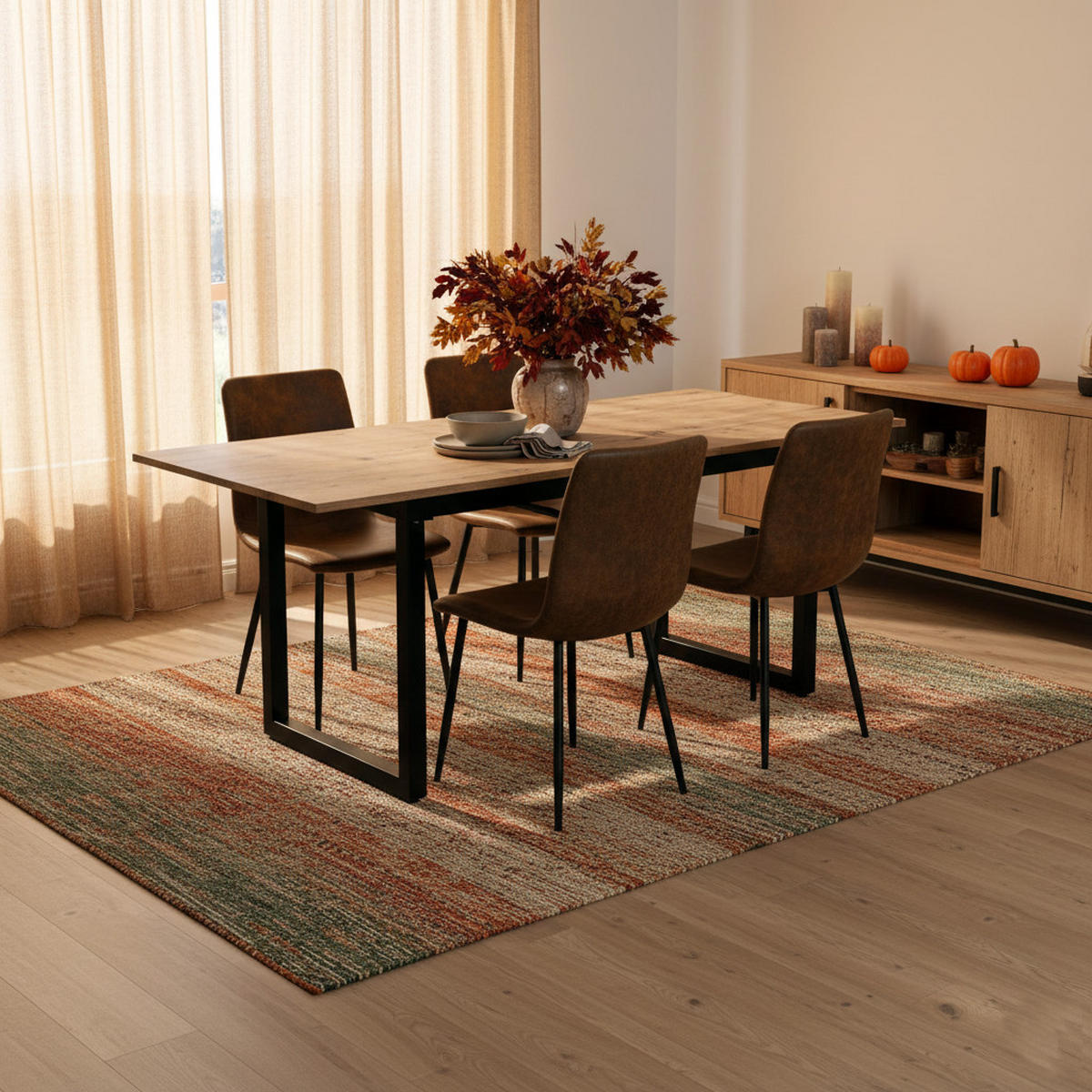 TISCHGRUPPE 5-teilig Ausziehtisch 140–180 cm U-Gestell & 4 Polsterstühle Vintage-Braun - Schwarz/Eiche San Remo, Holzwerkstoff/Textil (180/75/80cm) - Urban Meuble