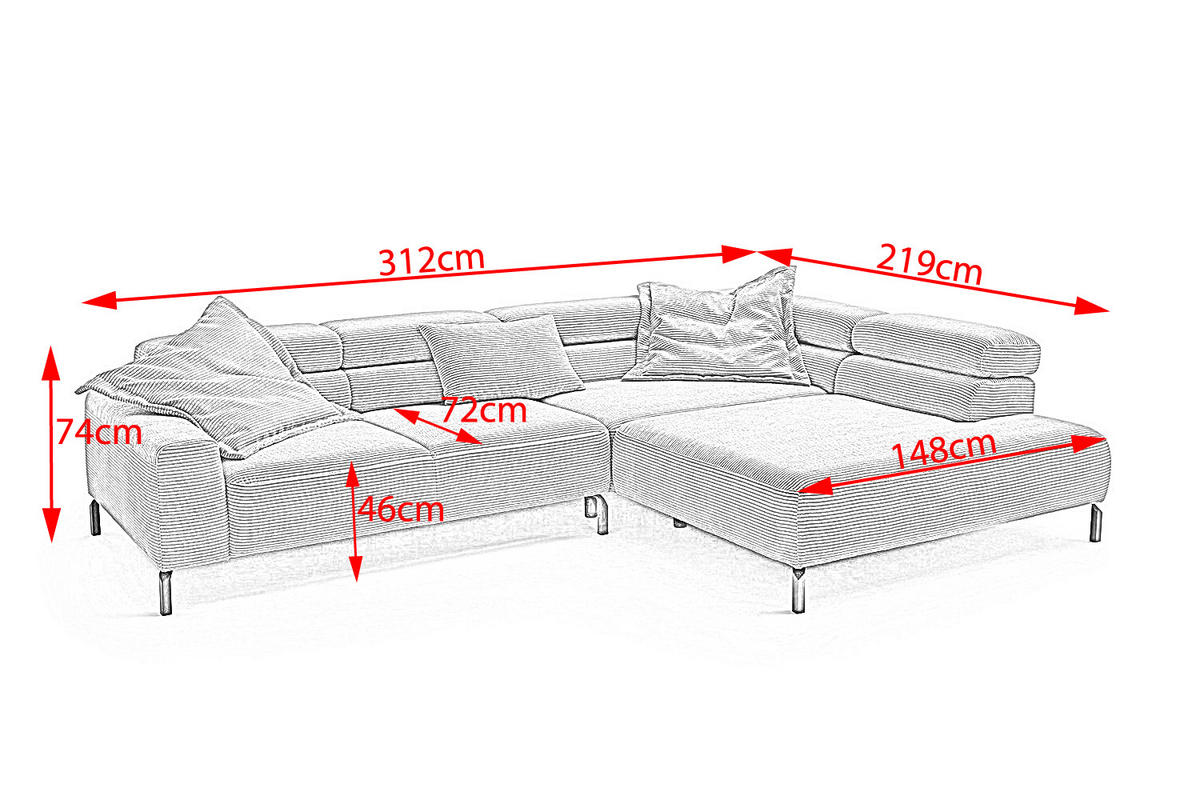 ECKSOFA DELIA Braun Cord - Dunkelbraun/Schwarz, Textil/Metall (312/219cm) - KAWOLA