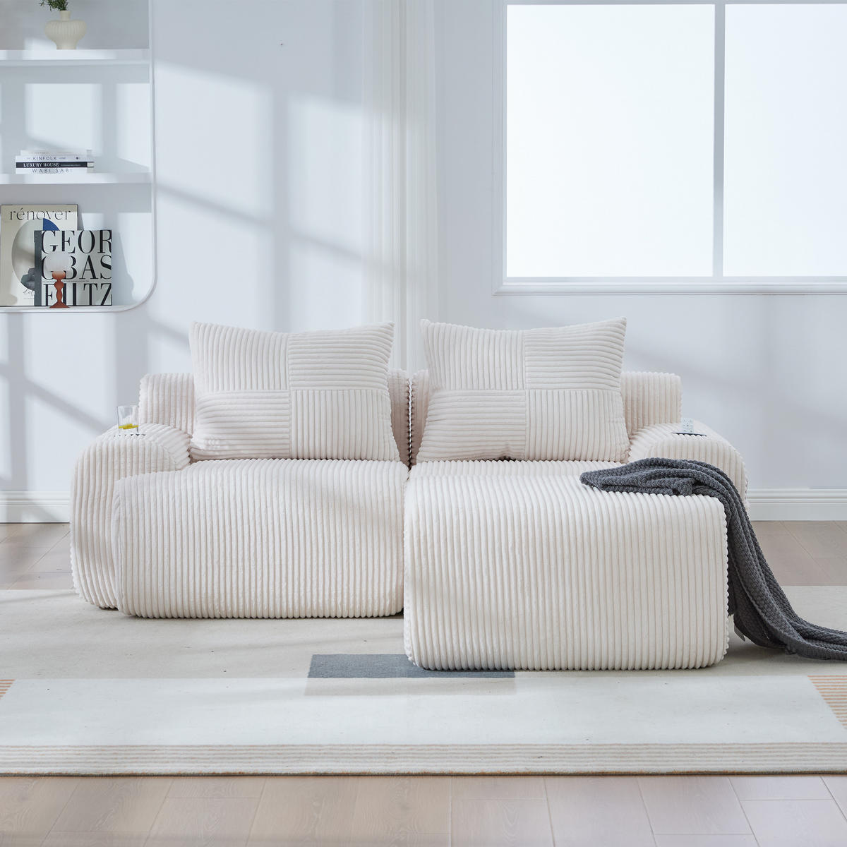 MODULARES 2-Sitzer Sofa Cord mit Getränkehalter und Seitentasche 200/174/80 cm Beige - Beige, Textil (174/200cm) - Redom