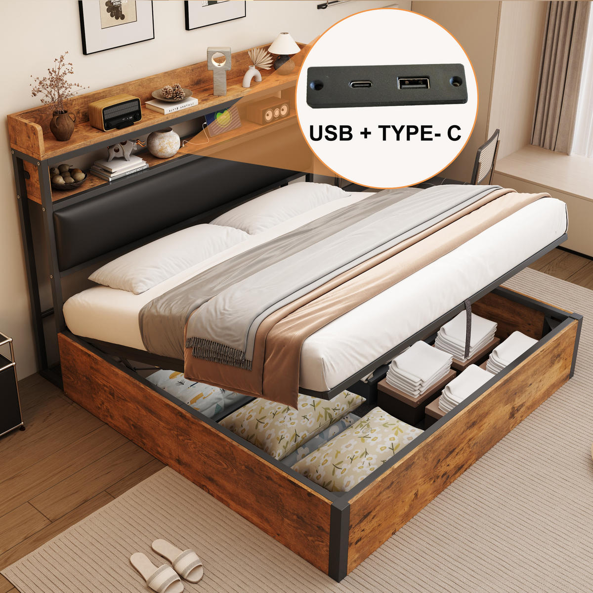 POLSTERBETT 180/200 cm schwarz aus Metall und Holz mit Hydraulik-Stauraum und USB - Schwarz, Metall (180/200cm) - OKWISH