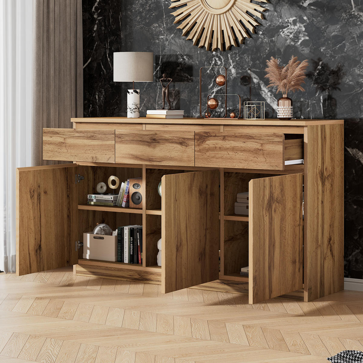 SIDEBOARD in Naturfarben Anrichte mit 3 Türen und 3 Schubladen für Wohnzimmer, B135/T40/H81cm - Naturfarben, Holzwerkstoff (135/81/40cm) - STILVORA