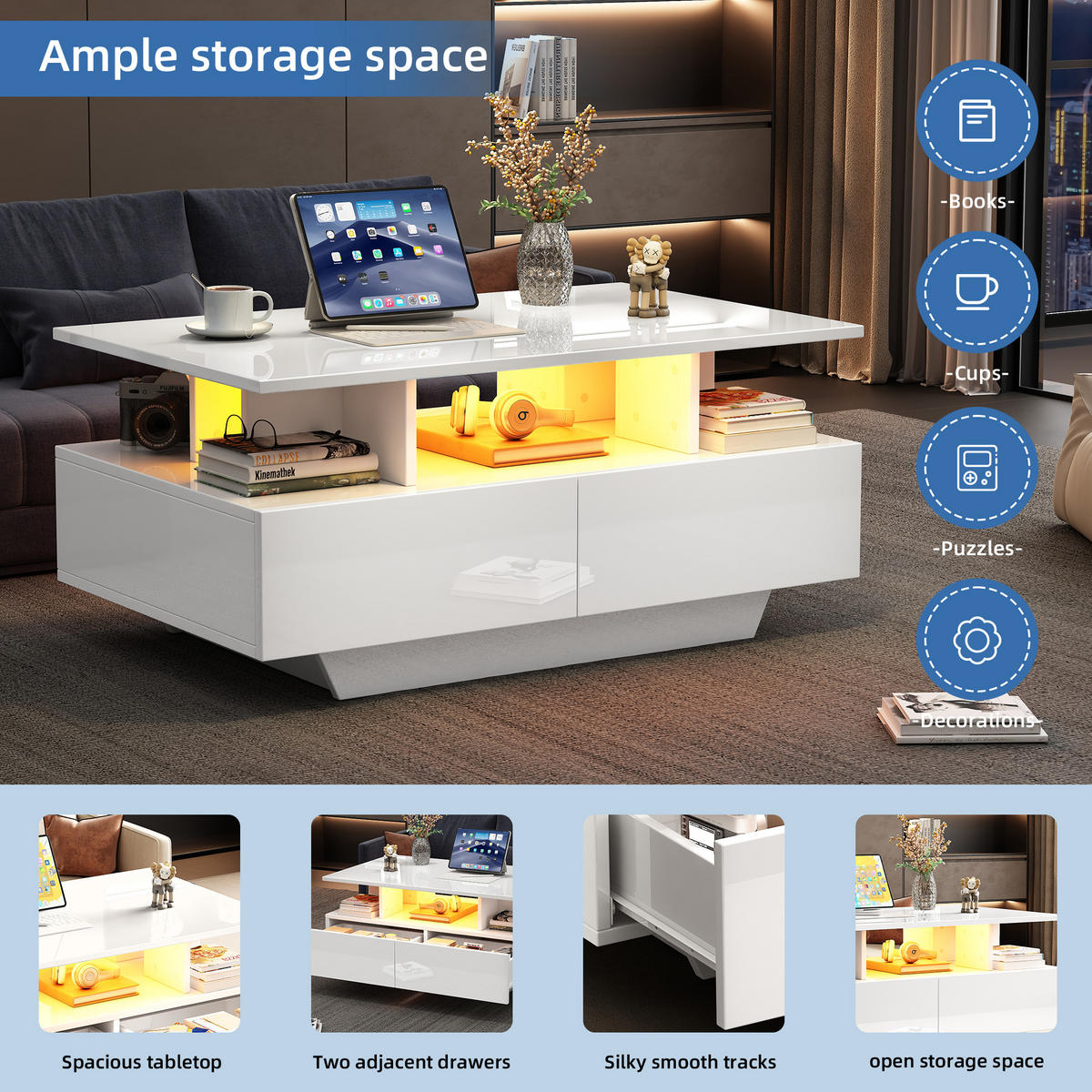 COUCHTISCH DE-176 Modern mit LED-Beleuchtung Weiß - Weiß, Holzwerkstoff (55/90/41cm) - ComfortXL