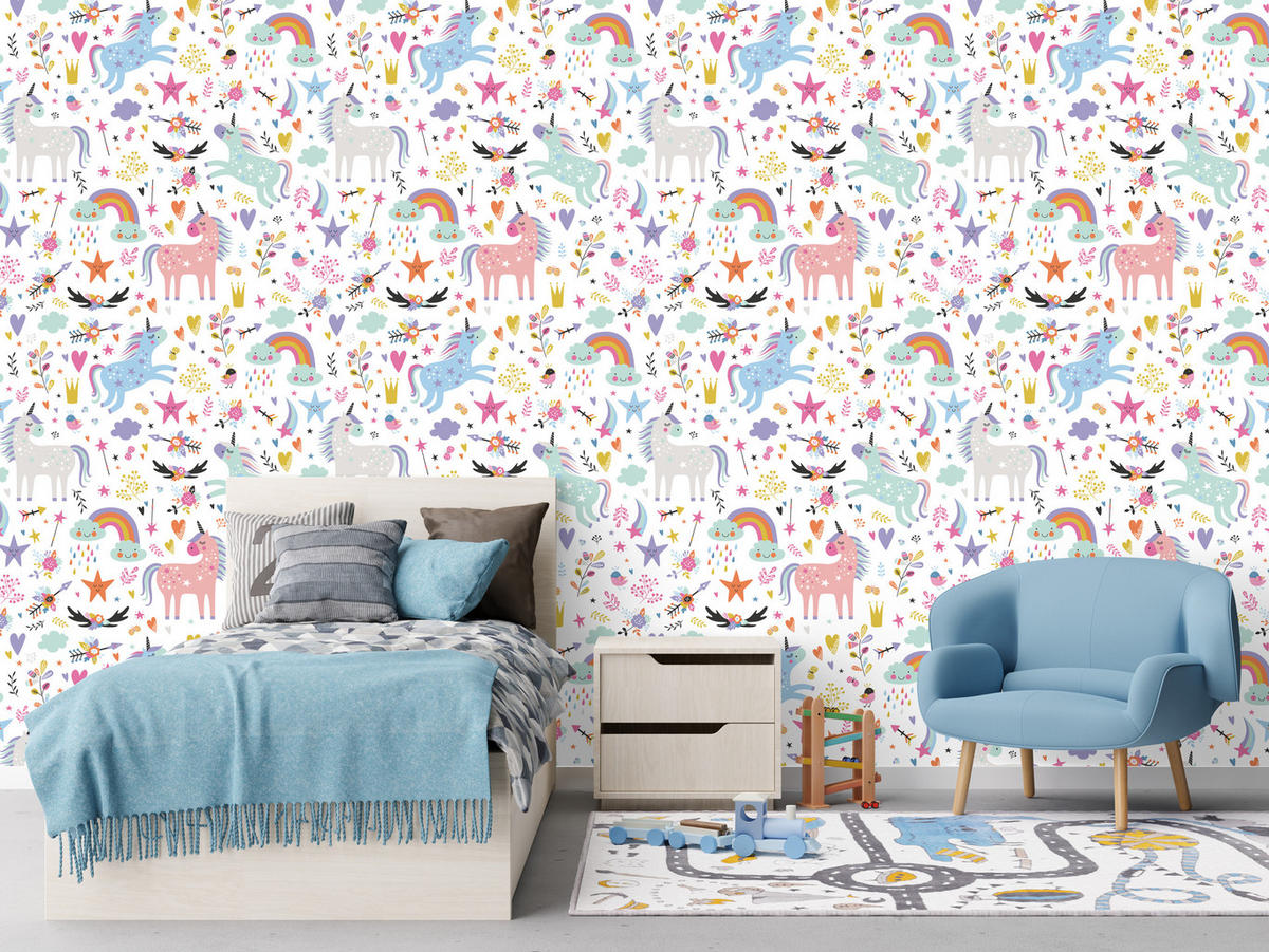 VLIESTAPETE Bunte Einhörner und Regenbogen – Bunt, Weiß – 50x1000 cm - Multicolor/Weiß, Papier (50/1000cm) - Muralo