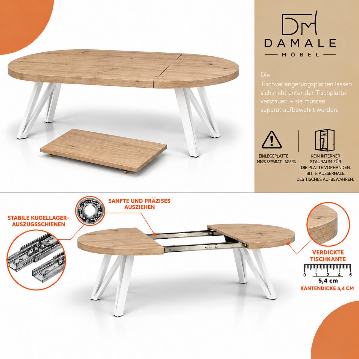 ESSTISCH rund ausziehbar 100/300/76 cm, Eiche Artisan, 54 cm Tischplatte + Industrial Metallgestell Weiß - Weiß/Eiche Artisan, Holzwerkstoff/Metall (100/300/76cm) - Damale Möbel