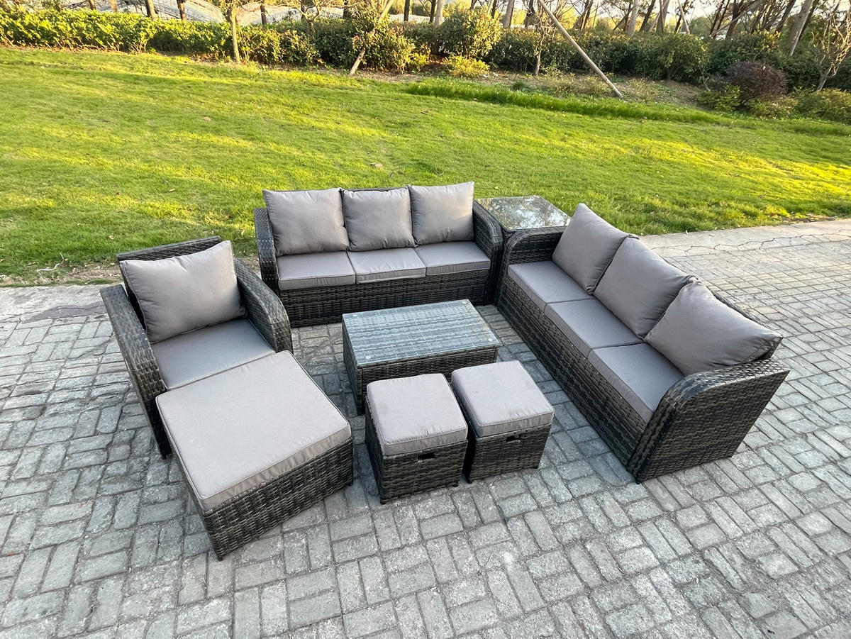 GARTENMÖBEL-SET mit Kissen Polyrattan Dunkelgrau 10-Sitzer - Dunkelgrau/Grau, Glas/Kunststoff - Fimous