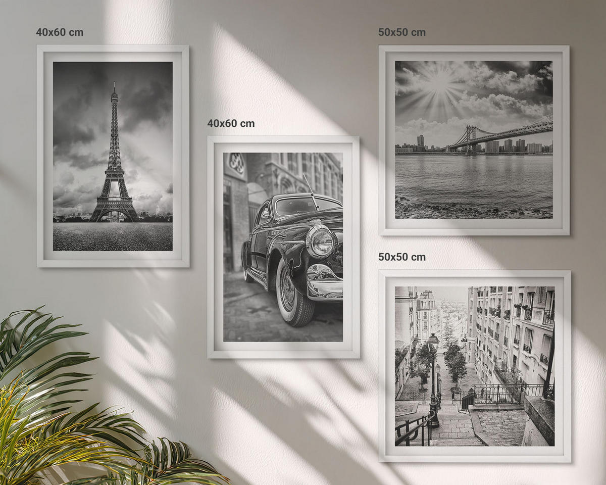 BILDER SET 4er Set - 50x50 cm & 40x60 cm Weißer Rahmen - Stadtansichten, Brücken, Eiffelturm, Auto - Weiß, Kunststoff (50/50cm) - TULUP