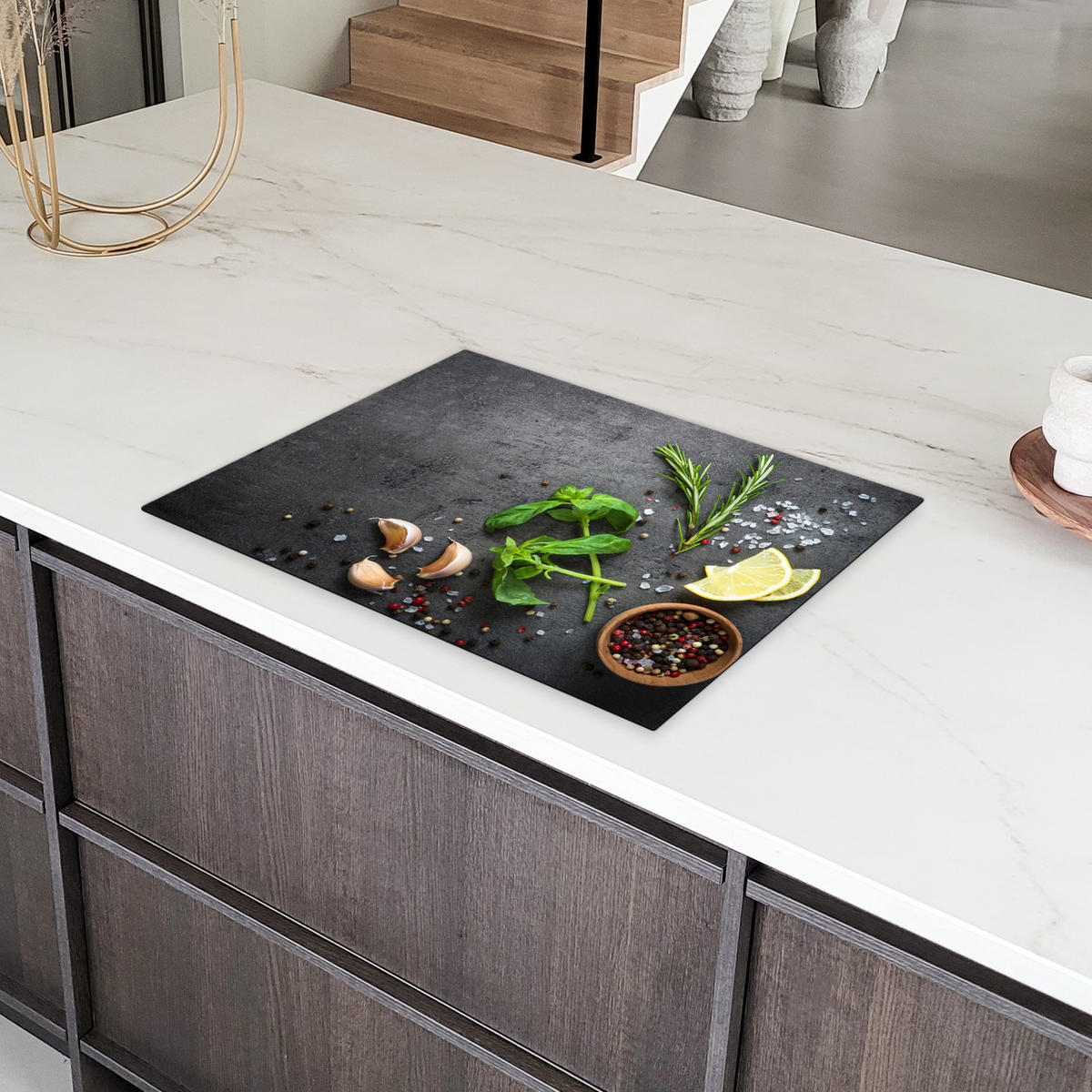 HERDABDECKPLATTE Limette - Kräuter - Gewürze - Grün - Grau - Beton Herdabdeckung Induktionsfeld 70x52 cm - Grün, Kunststoff (70/52/0.2cm) - MuchoWow