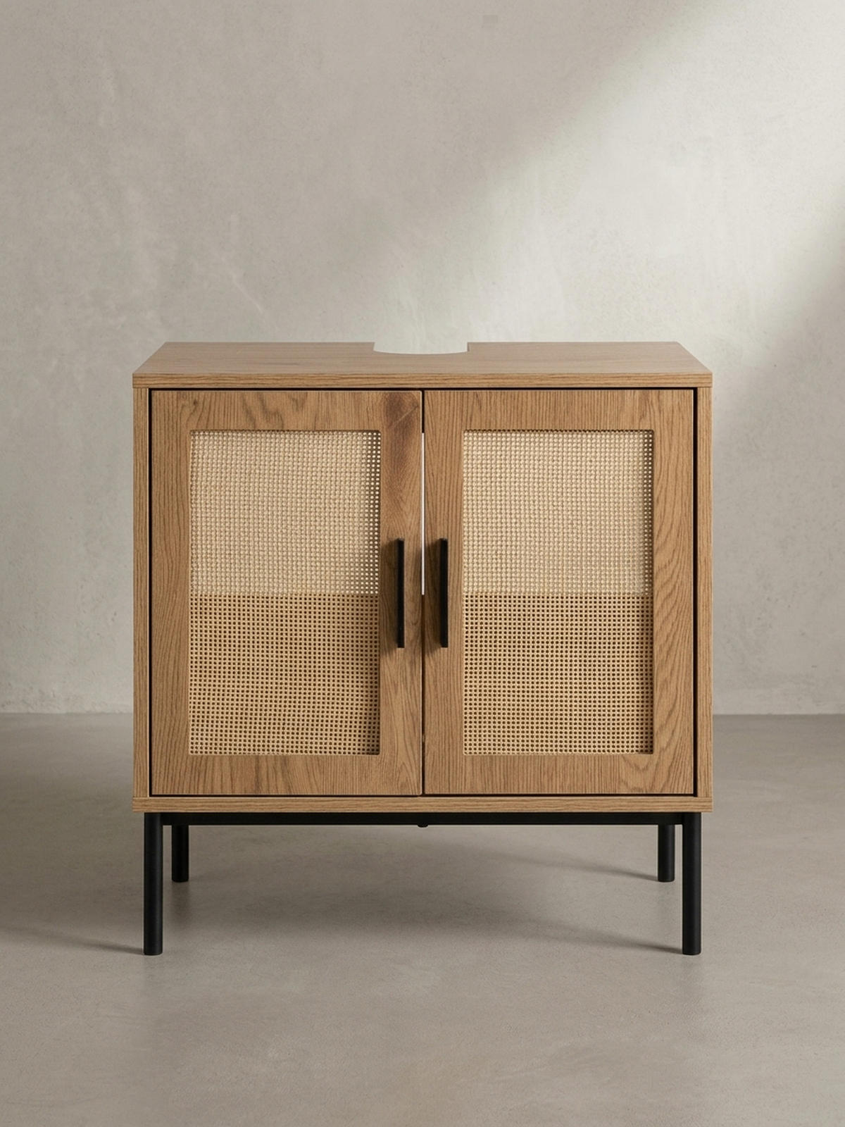 WASCHBECKENUNTERSCHRANK Eiche-Optik 60x60x40 cm mit Türen und Rattangeflecht - Schwarz/Braun, Holzwerkstoff/Metall (60/60/40cm) - KADIMA DESIGN