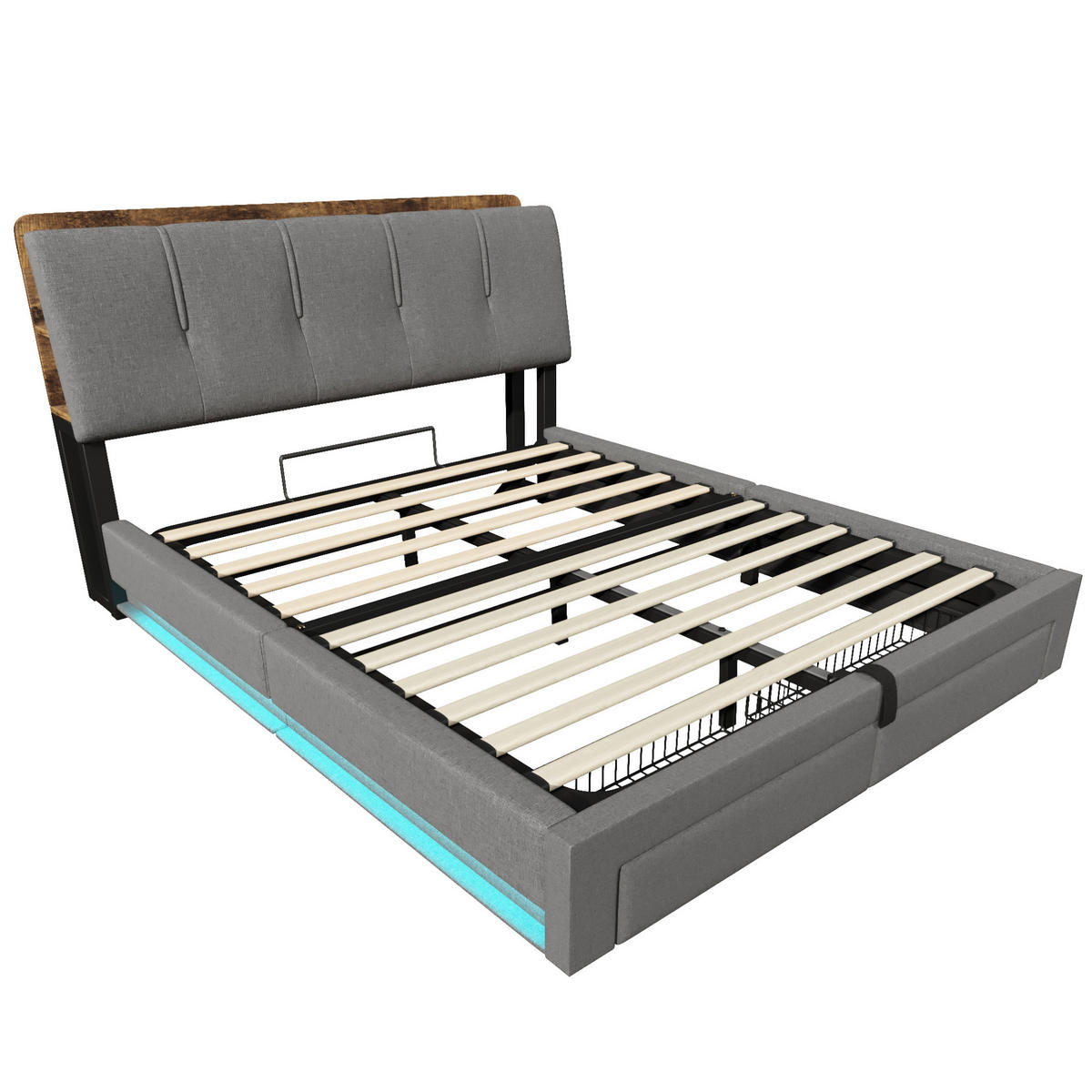 POLSTERBETT 140/200 cm mit LED, USB-C, Bettkasten und Schubladen, Leinen, Grau - Grau, Textil (140/200cm) - Redom