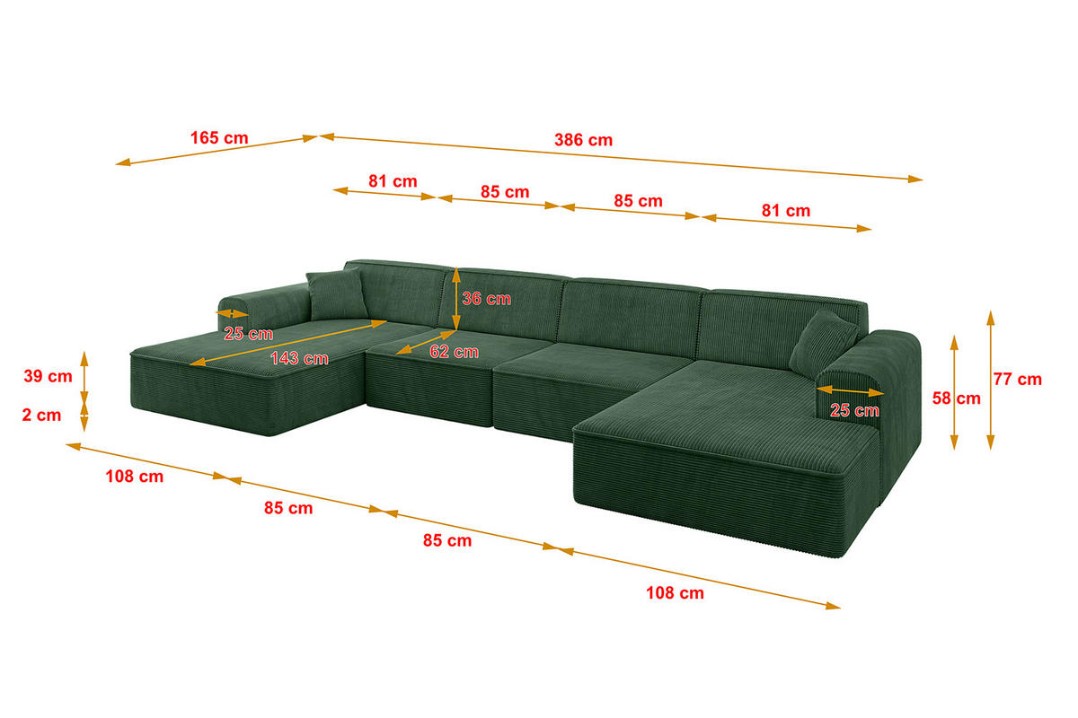 WOHNLANDSCHAFT IREA-U2-v3 - 386x165x77 cm Grün - Currygelb, Holzwerkstoff/Textil (386/77/165cm) - ALTDECOR