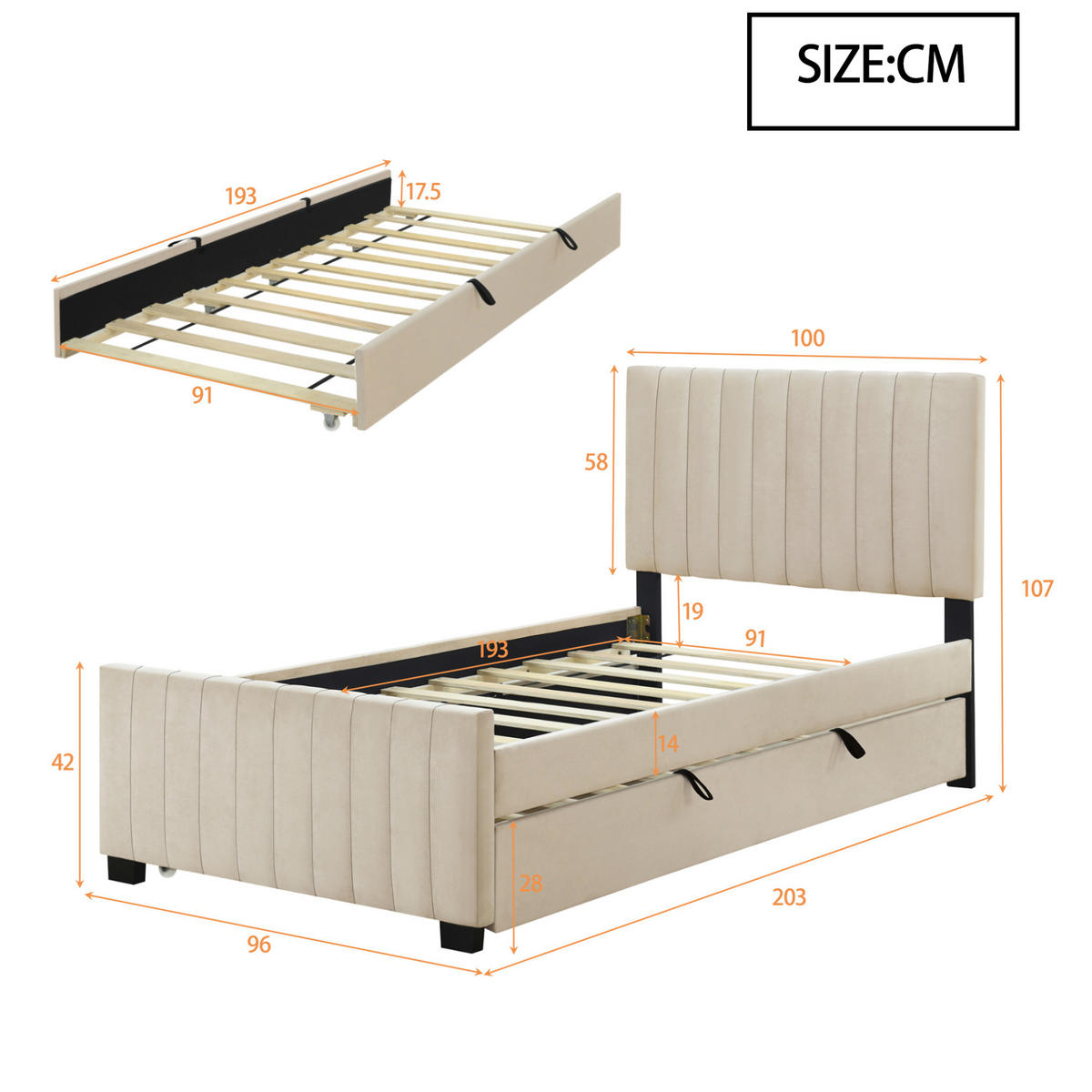 OTROŠKA polnjena postelja iz MDF, kovine in žameta 90x190 cm bež z izvlečno posteljo in letvičnim dnom - bež, tekstil (90/190cm) - Modfu
