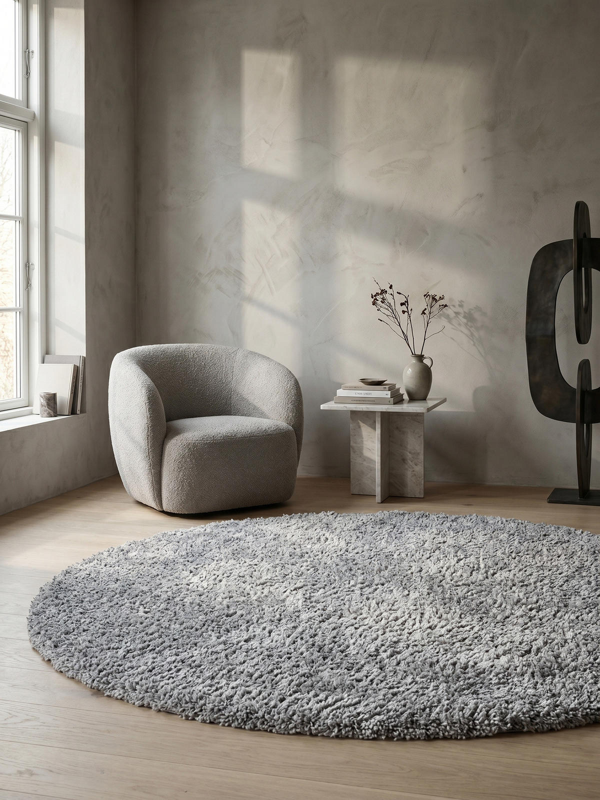 TEPPICH Wohnzimmer Hochflor Einfarbig Weich Flauschig Waschbar Rund Hellgrau 120x120 cm – RHEIN - Grau, Textil (120/120cm) - KADIMA DESIGN