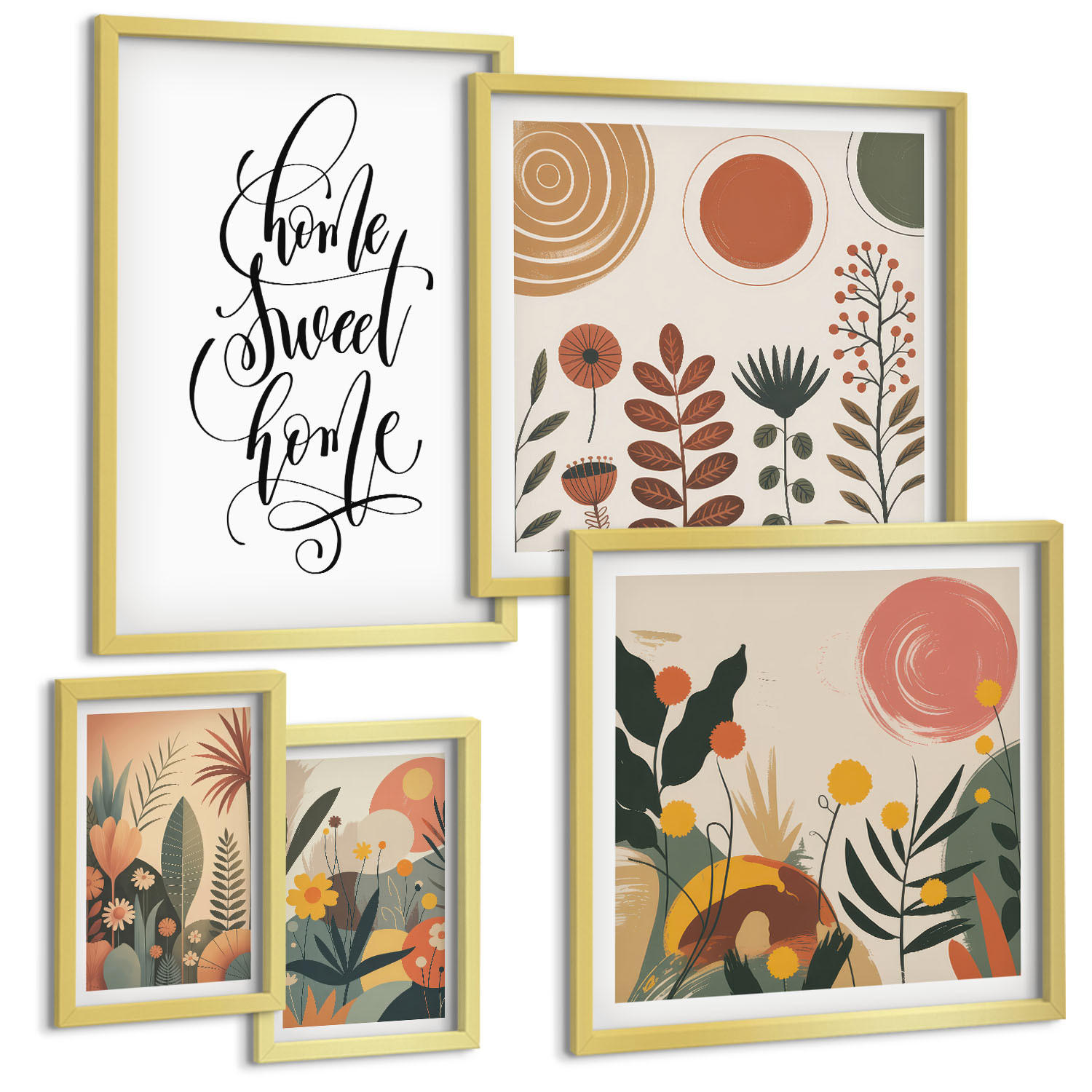 BILDER SET 5er Set - 50x50 cm & 20x30 cm & 40x60 cm Goldrahmen - Pastellfarbene Pflanzenmuster - Goldfarben, Kunststoff (40/60cm) - TULUP