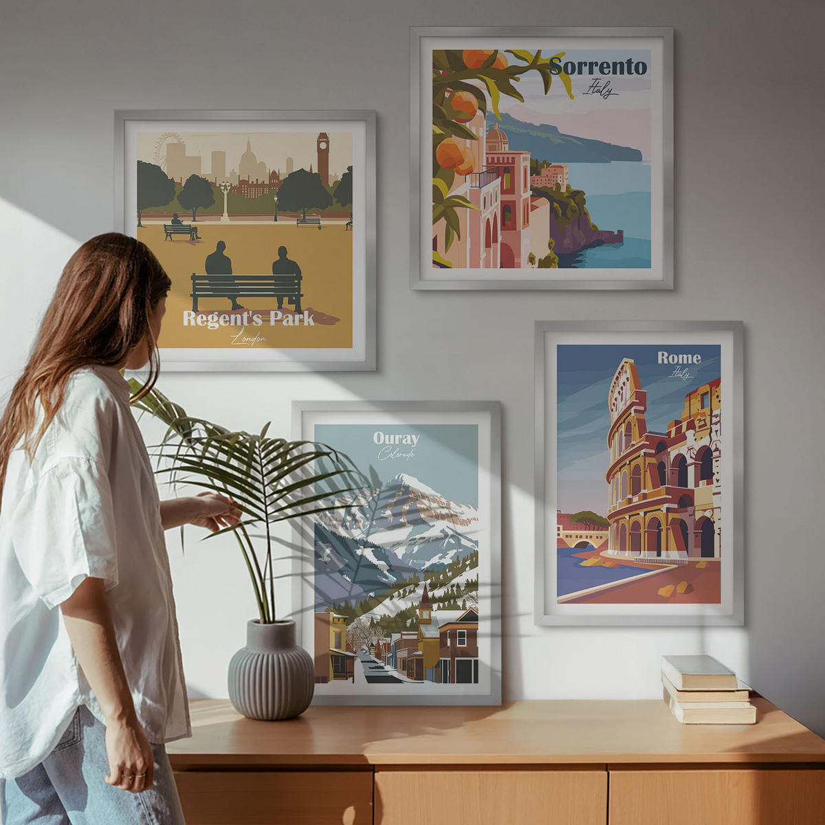 WANDBILDER 4er Set - 50x50 cm & 40x60 cm Silberner Rahmen - Retro-Illustrationen berühmter Orte - Silberfarben, Kunststoff (50/50cm) - ArtPrintCave